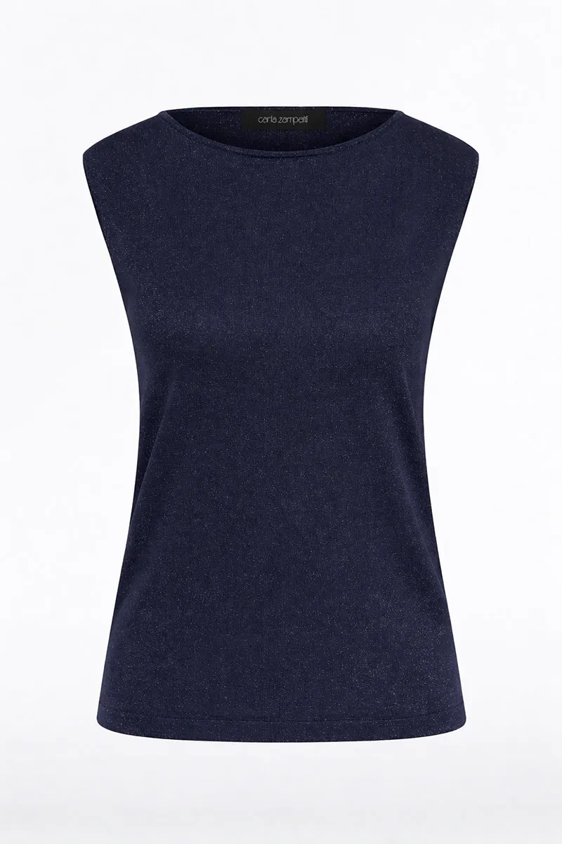 NAVY METALLIC KNIT CAP SLEEVE TOP sold by Carla Zampatti product image thumbnail 5