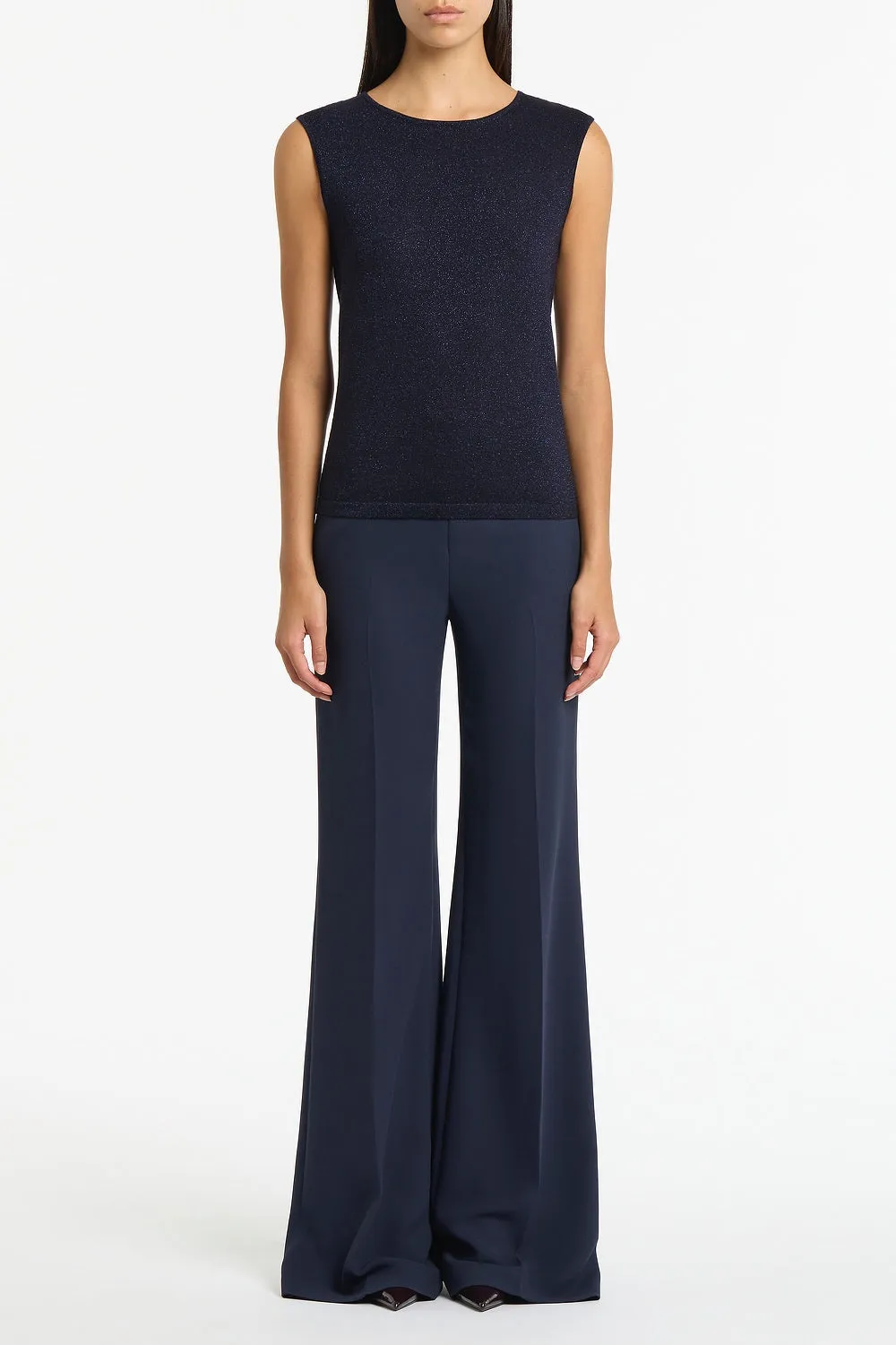 NAVY METALLIC KNIT CAP SLEEVE TOP sold by Carla Zampatti