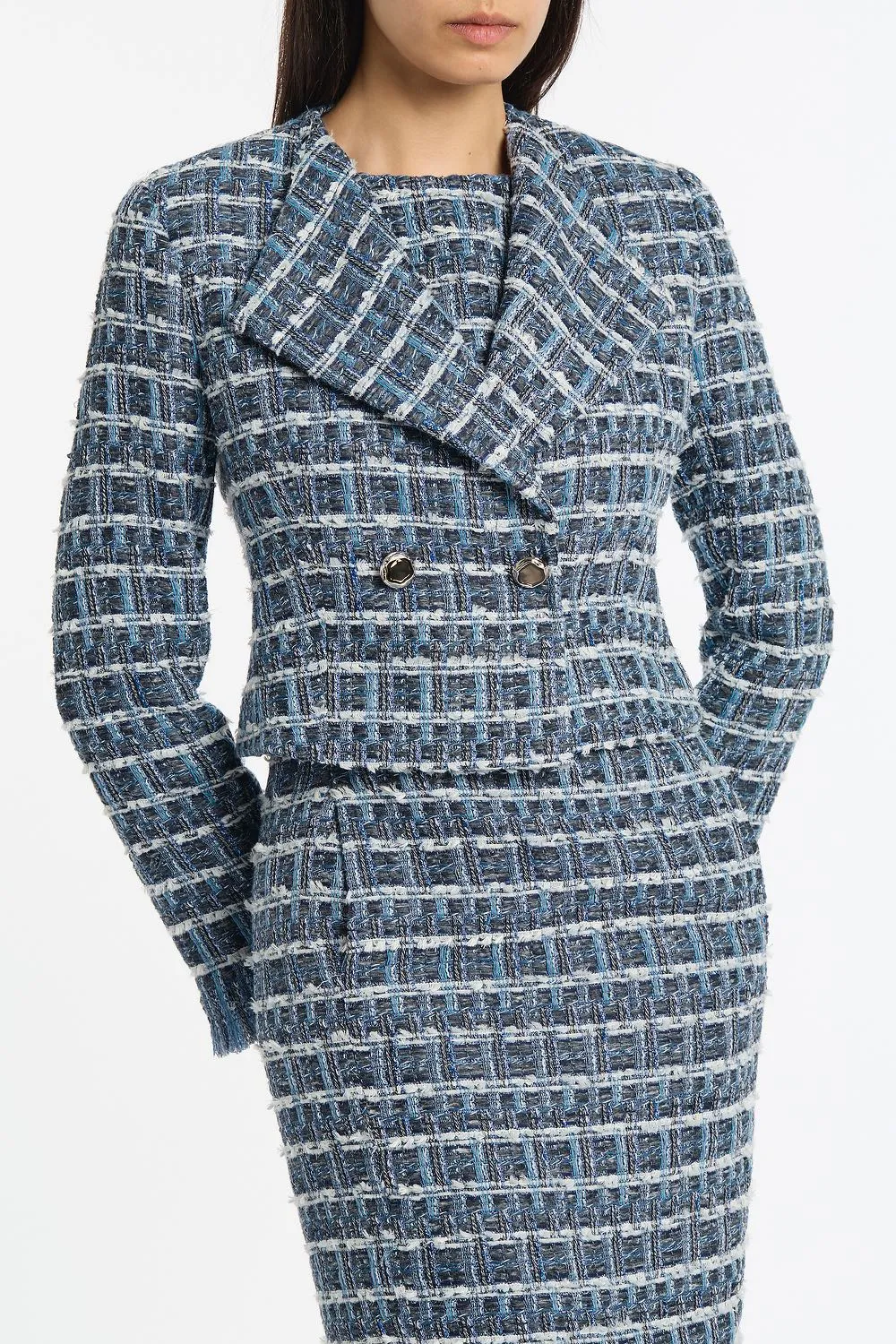 ROYAL METALLIC CHECK TWEED FRINGED CROPPED JACKET sold by Carla Zampatti product image thumbnail 4
