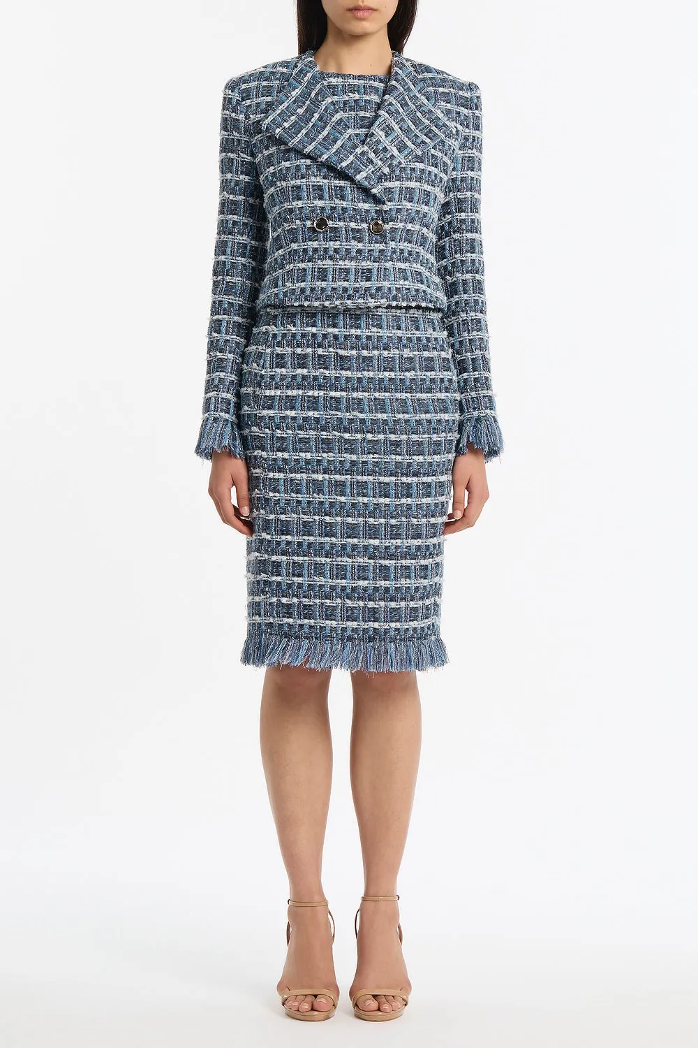 ROYAL METALLIC CHECK TWEED FRINGED CROPPED JACKET sold by Carla Zampatti