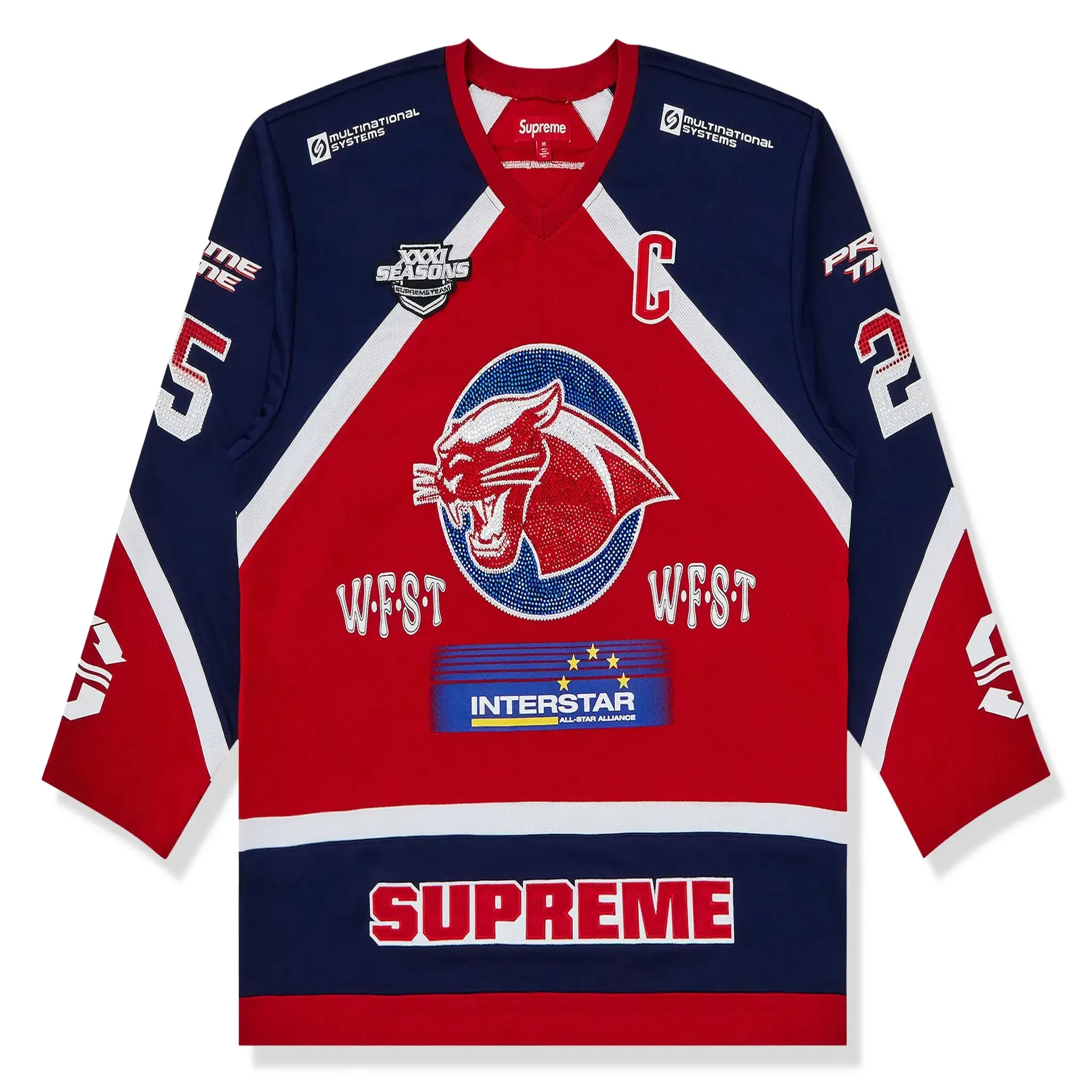 Supreme Rhinestone L/S Hockey Red Jersey sold by Addict Sneakers