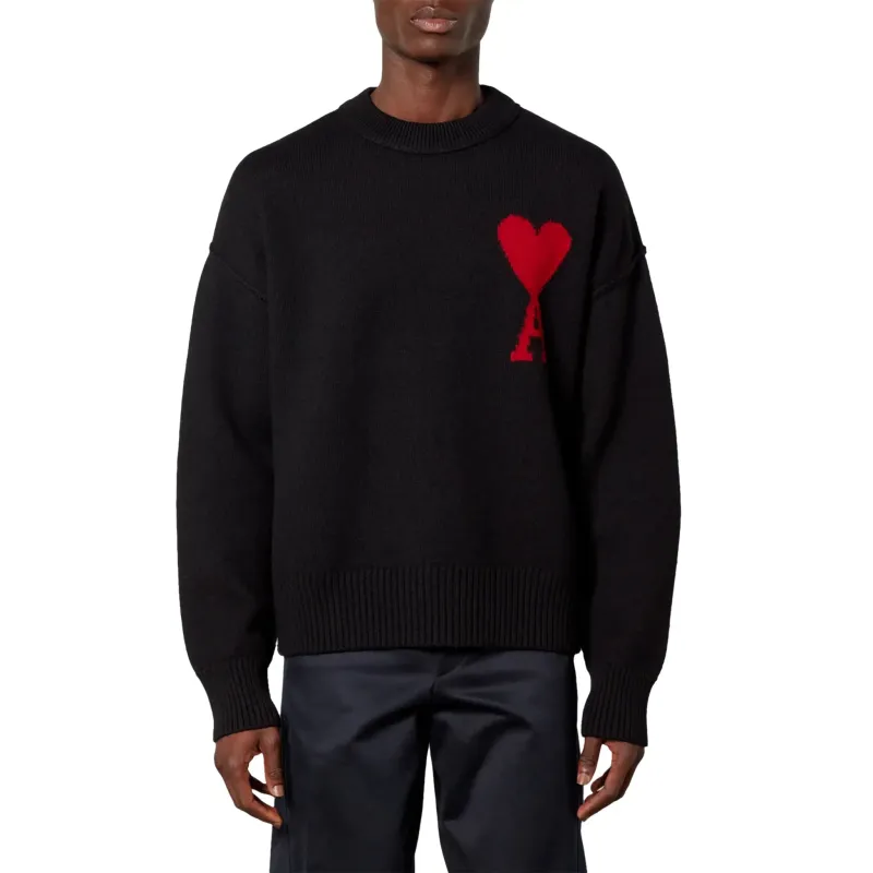 Ami Paris Red Ami De Coeur Logo Intarsia Off Black Sweatshirt made by Ami
