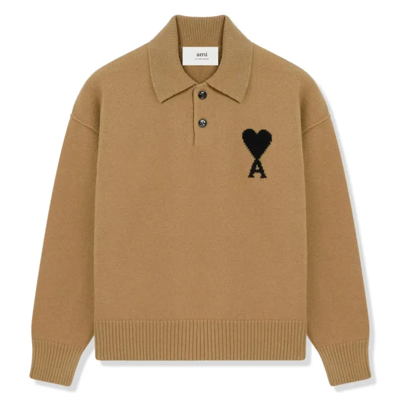 Ami Paris Ami De Coeur Knitted Tan Polo Sweatshirt made by Ami