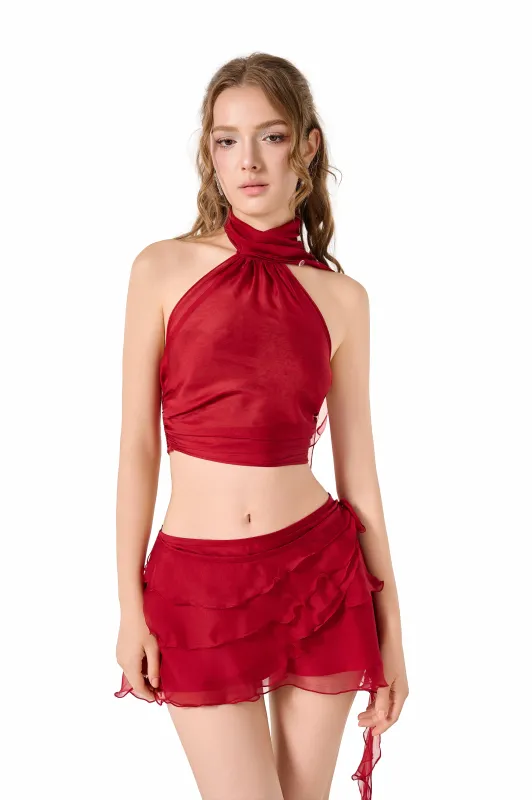 Volante Silk Chiffon Top - Dark Red sold by Cosette di Ames