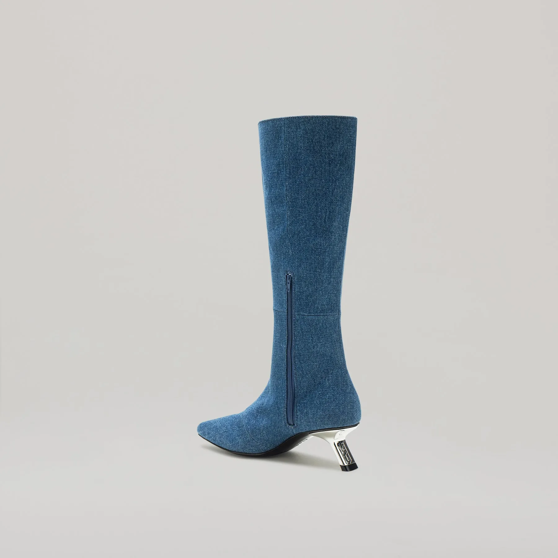 both - KITTEN HEELED PIERCED KNEE BOOT-BLUE DENIM sold by both product image thumbnail 4
