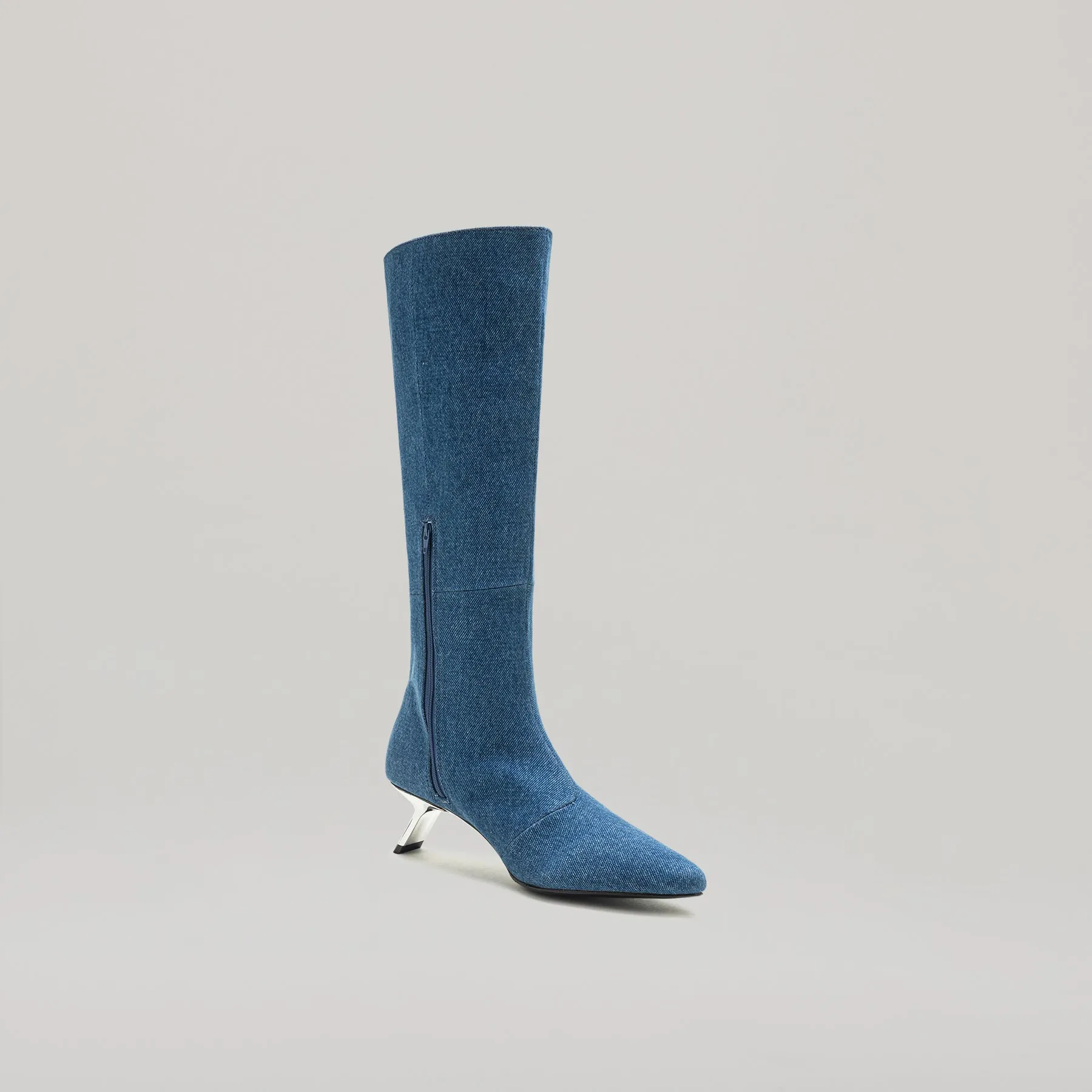 both - KITTEN HEELED PIERCED KNEE BOOT-BLUE DENIM sold by both product image thumbnail 2