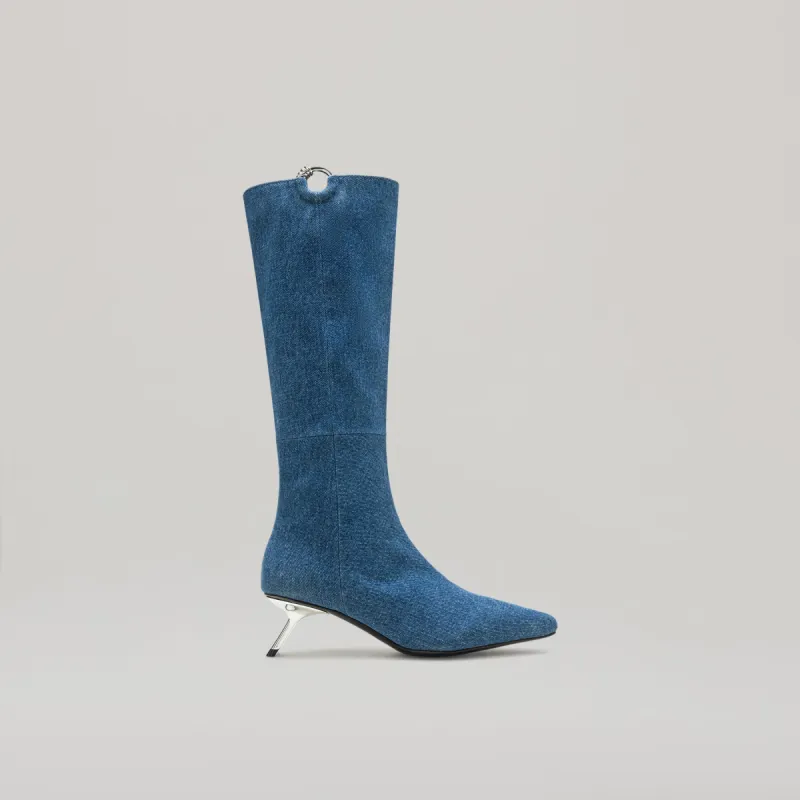 both - KITTEN HEELED PIERCED KNEE BOOT-BLUE DENIM sold by both