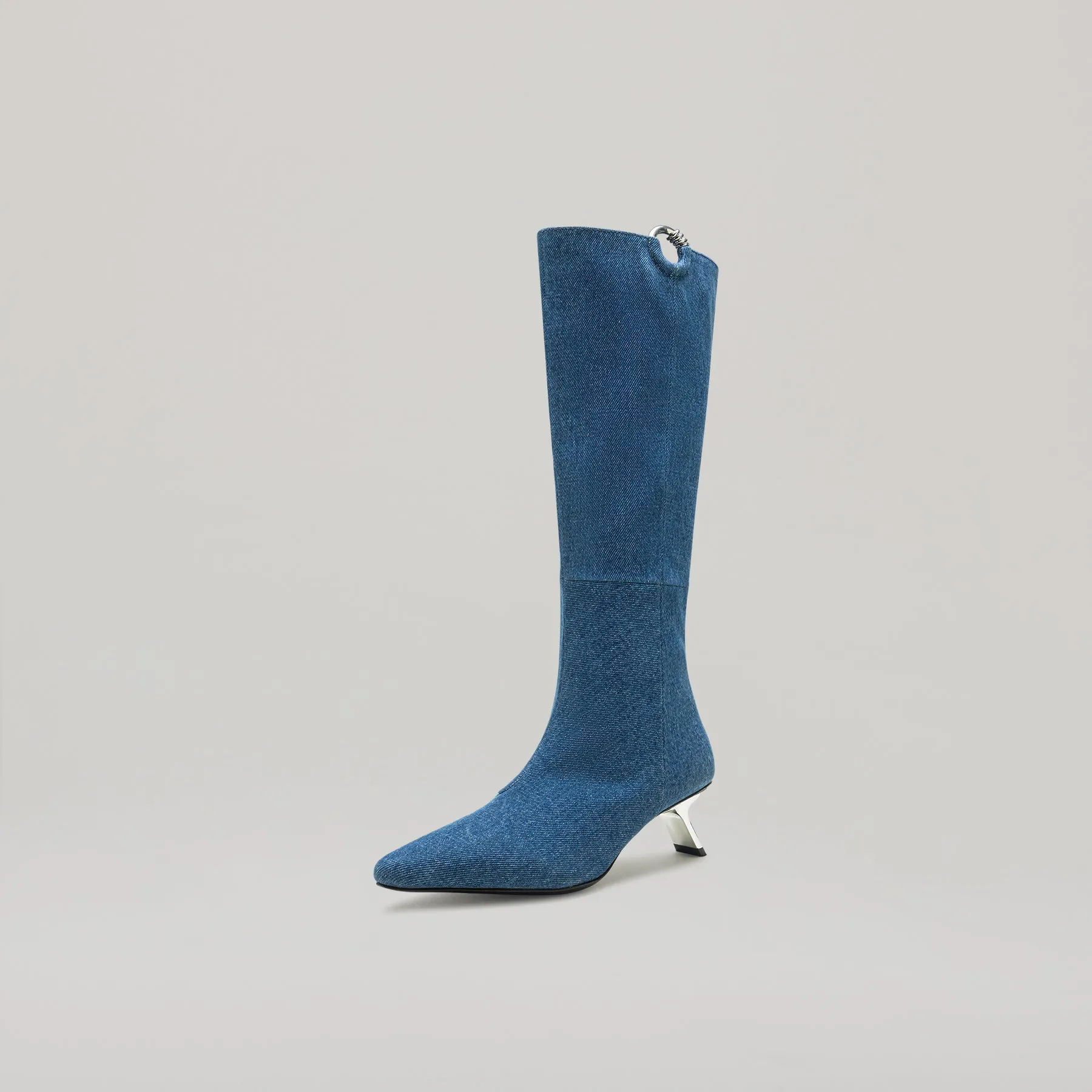 both - KITTEN HEELED PIERCED KNEE BOOT-BLUE DENIM sold by both product image thumbnail 3