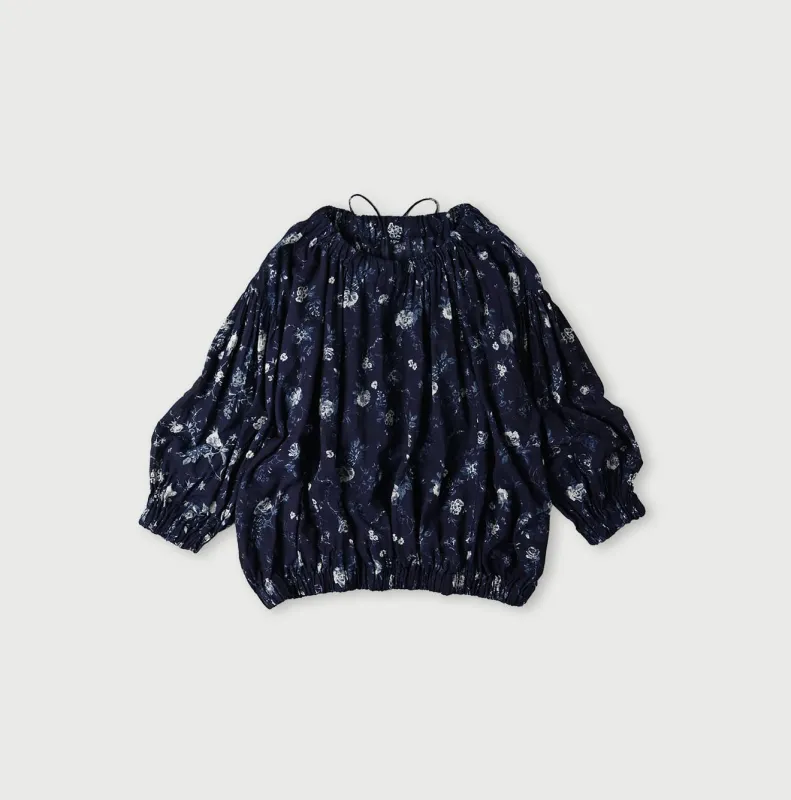 Indigo Gauze Antique Flower Shirring Blouse made by 45r