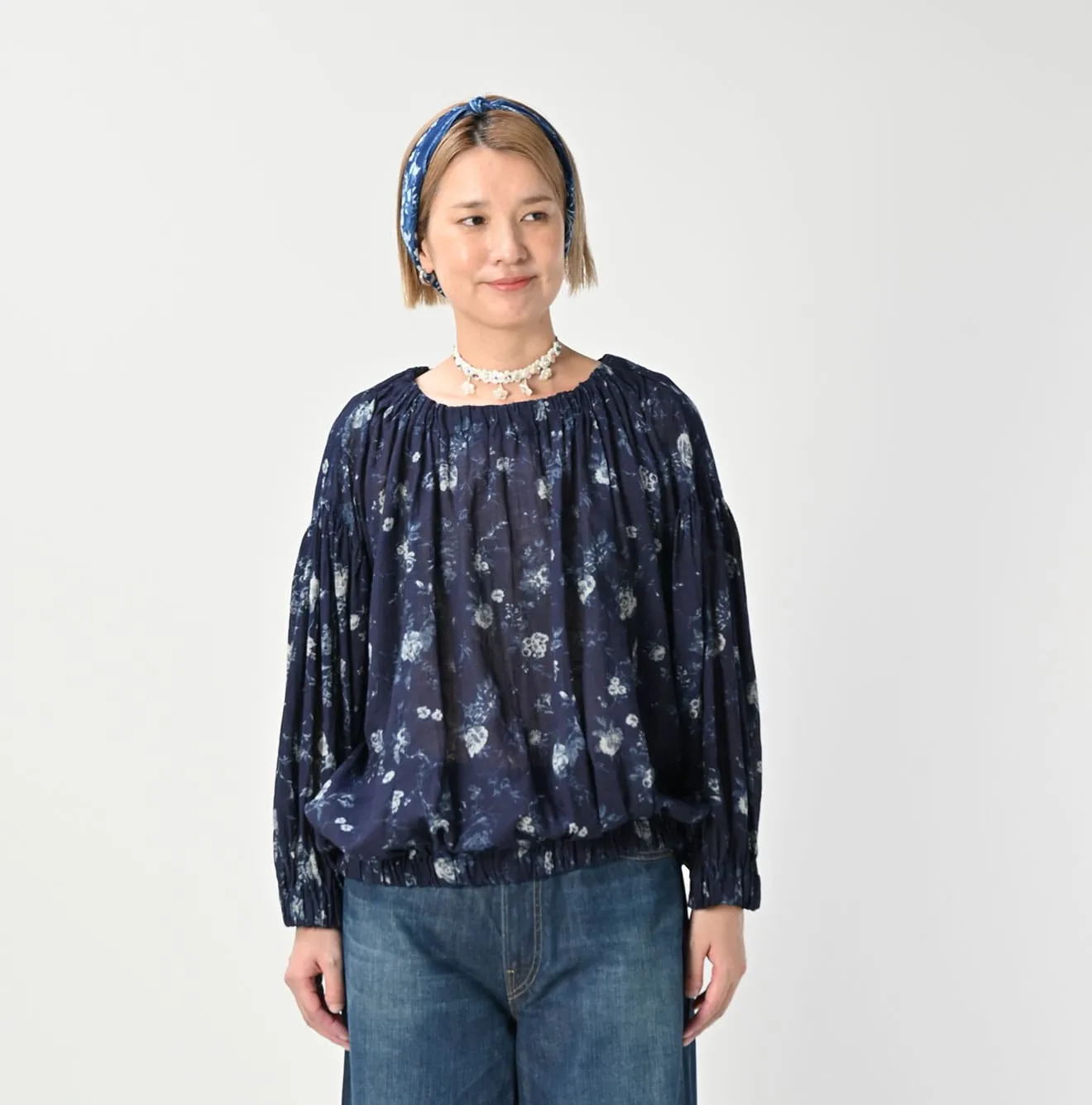 Indigo Gauze Antique Flower Shirring Blouse sold by 45r product image thumbnail 3