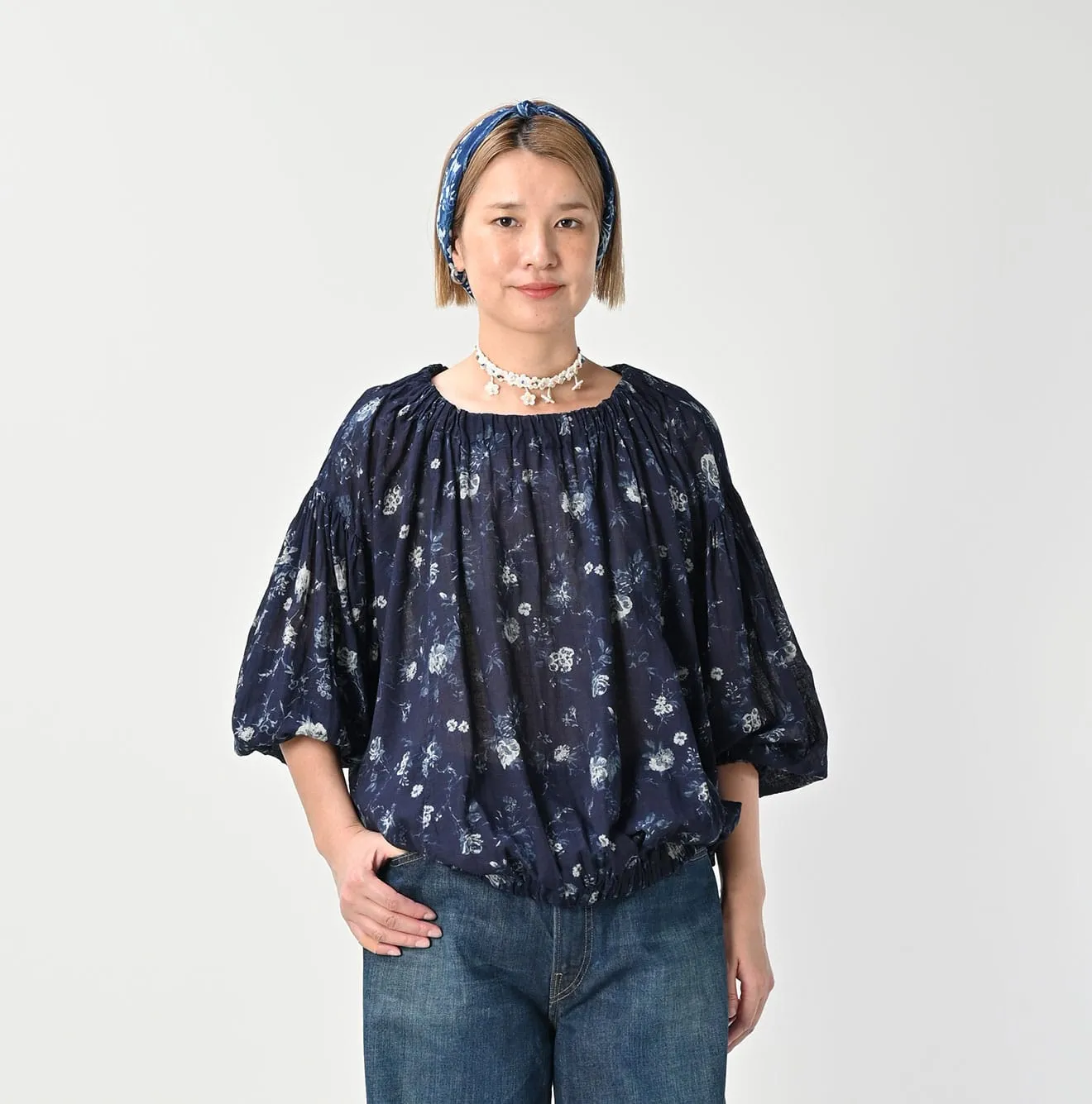 Indigo Gauze Antique Flower Shirring Blouse sold by 45r product image thumbnail 4