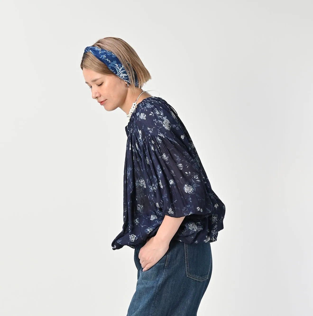 Indigo Gauze Antique Flower Shirring Blouse sold by 45r product image thumbnail 5