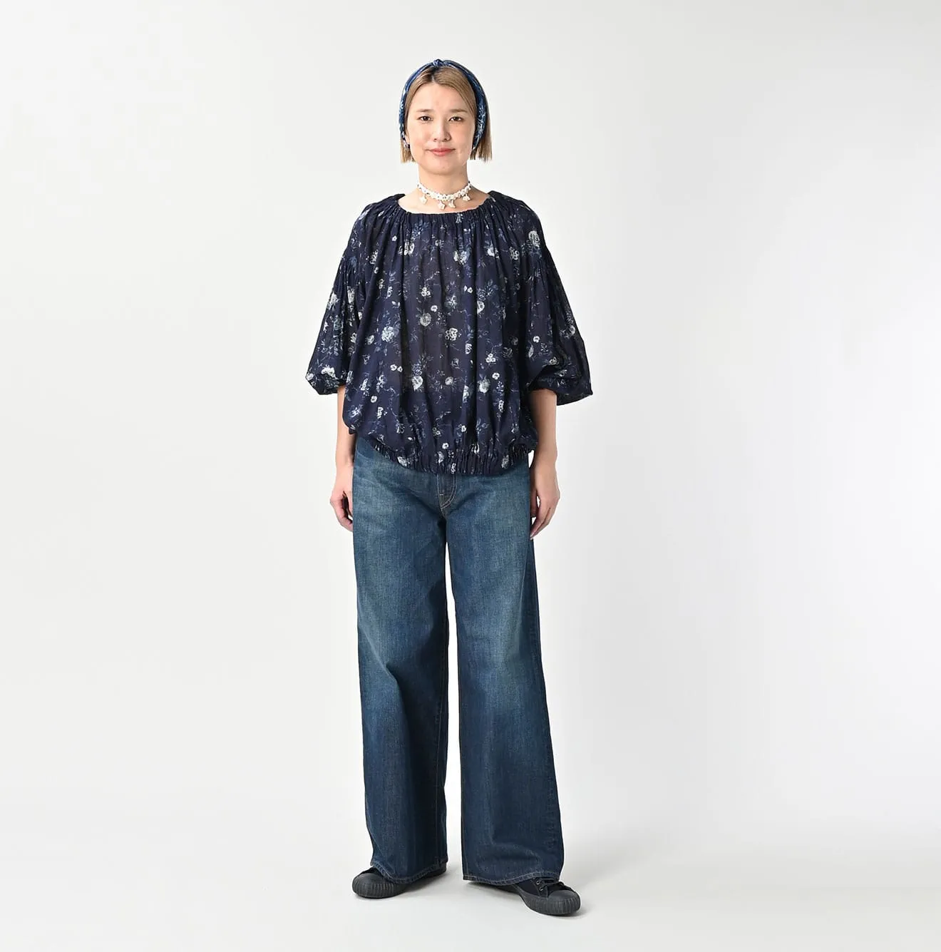 Indigo Gauze Antique Flower Shirring Blouse sold by 45r product image thumbnail 2