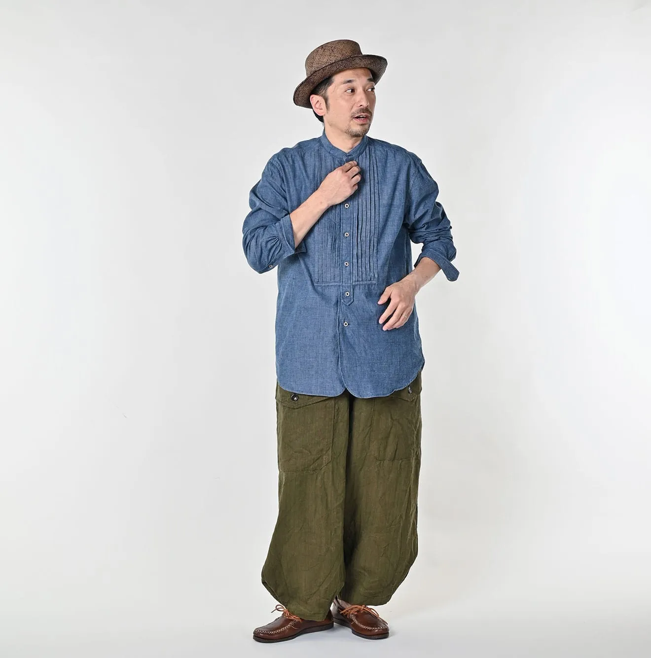 Indigo Khadi Ox 908 Pintuck Stand Collar Shirt sold by 45r product image thumbnail 3