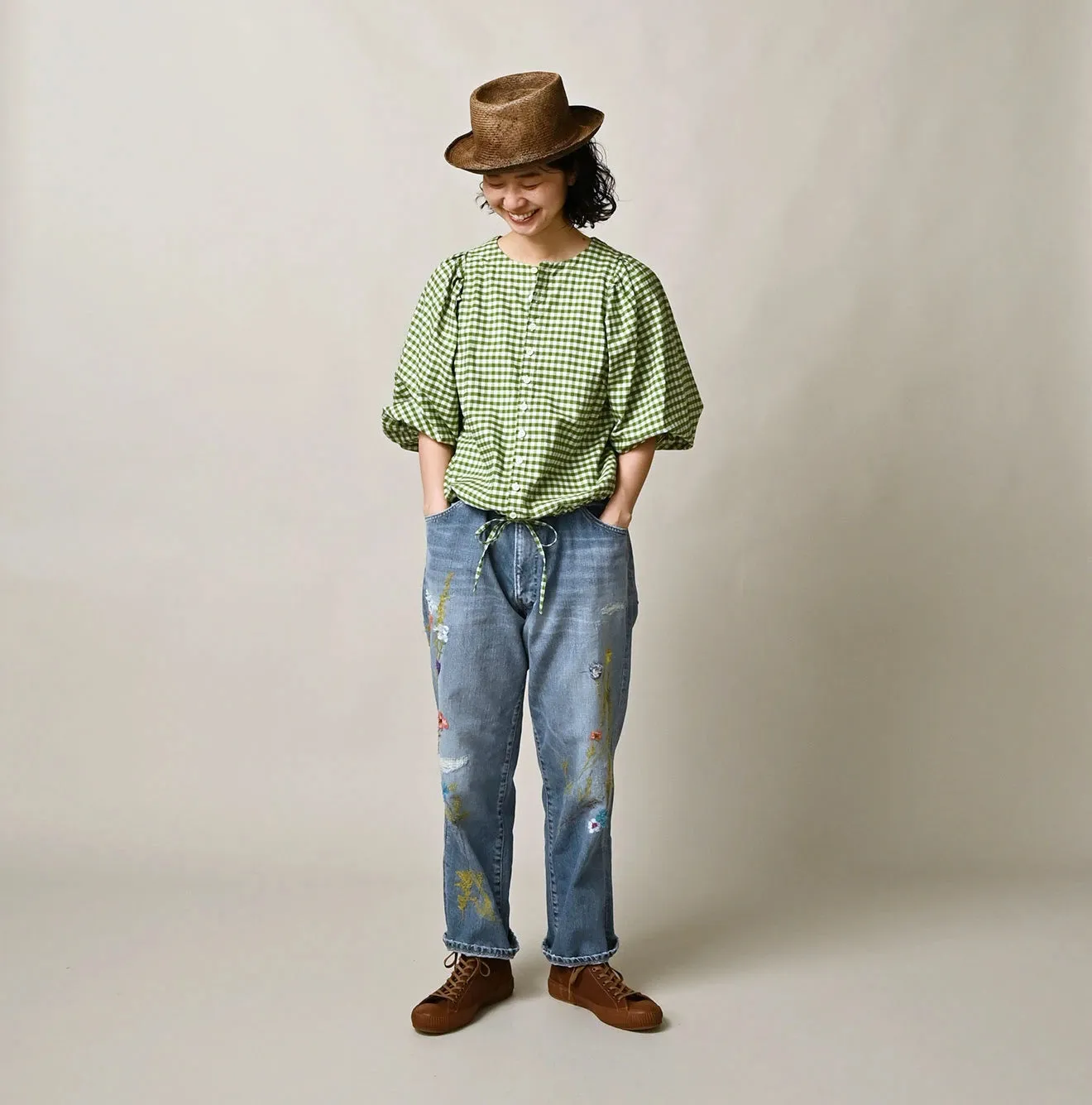 504-Oxford Gingham Puff Sleeve Blouse sold by 45r product image thumbnail 3