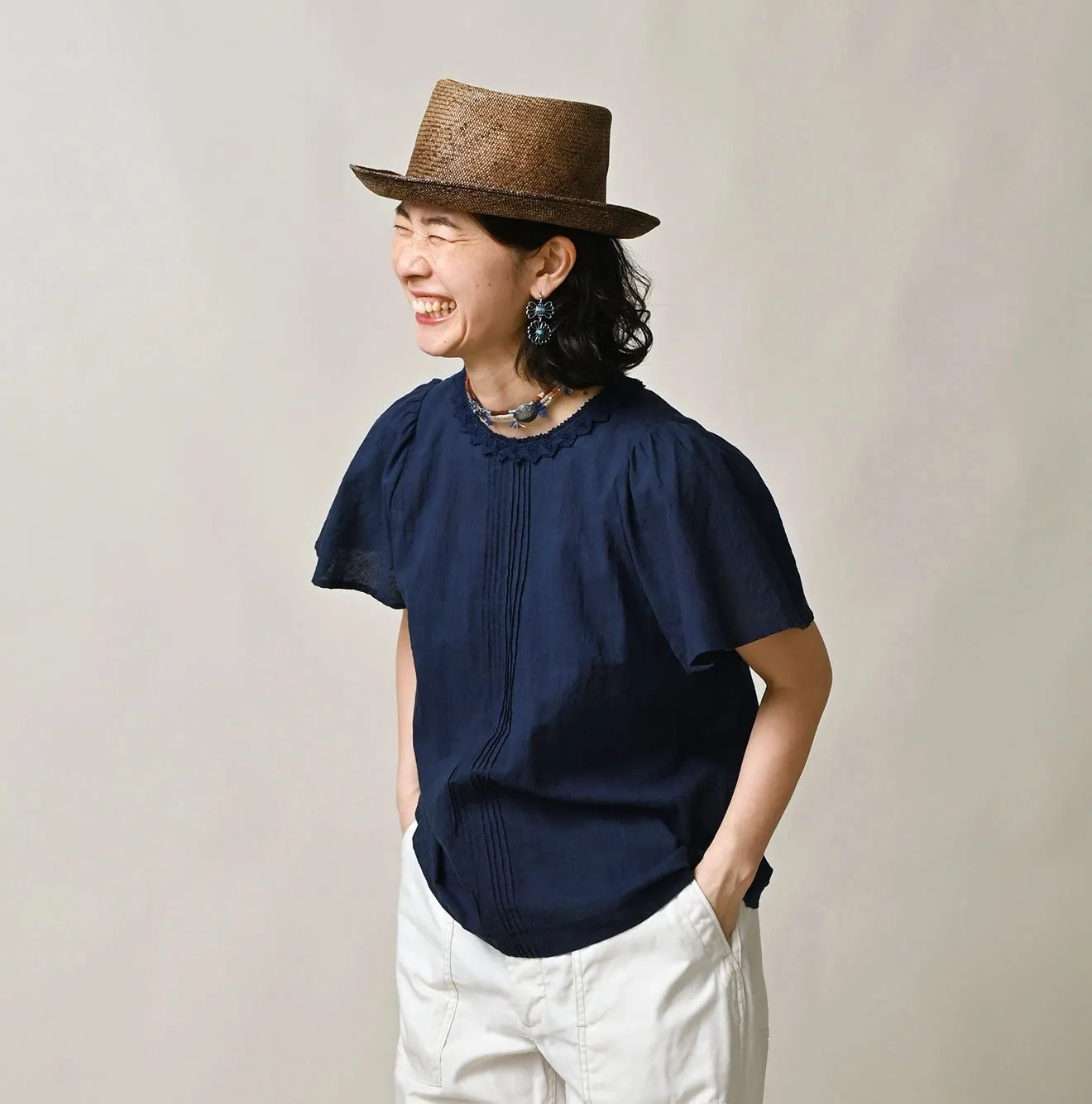 Ai Indigo Khadi Pintuck Lace Blouse sold by 45r product image thumbnail 3