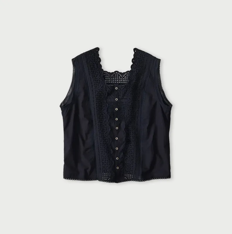 Indigo Supima Organic Batiste Cutwork Sleeveless Top made by 45r