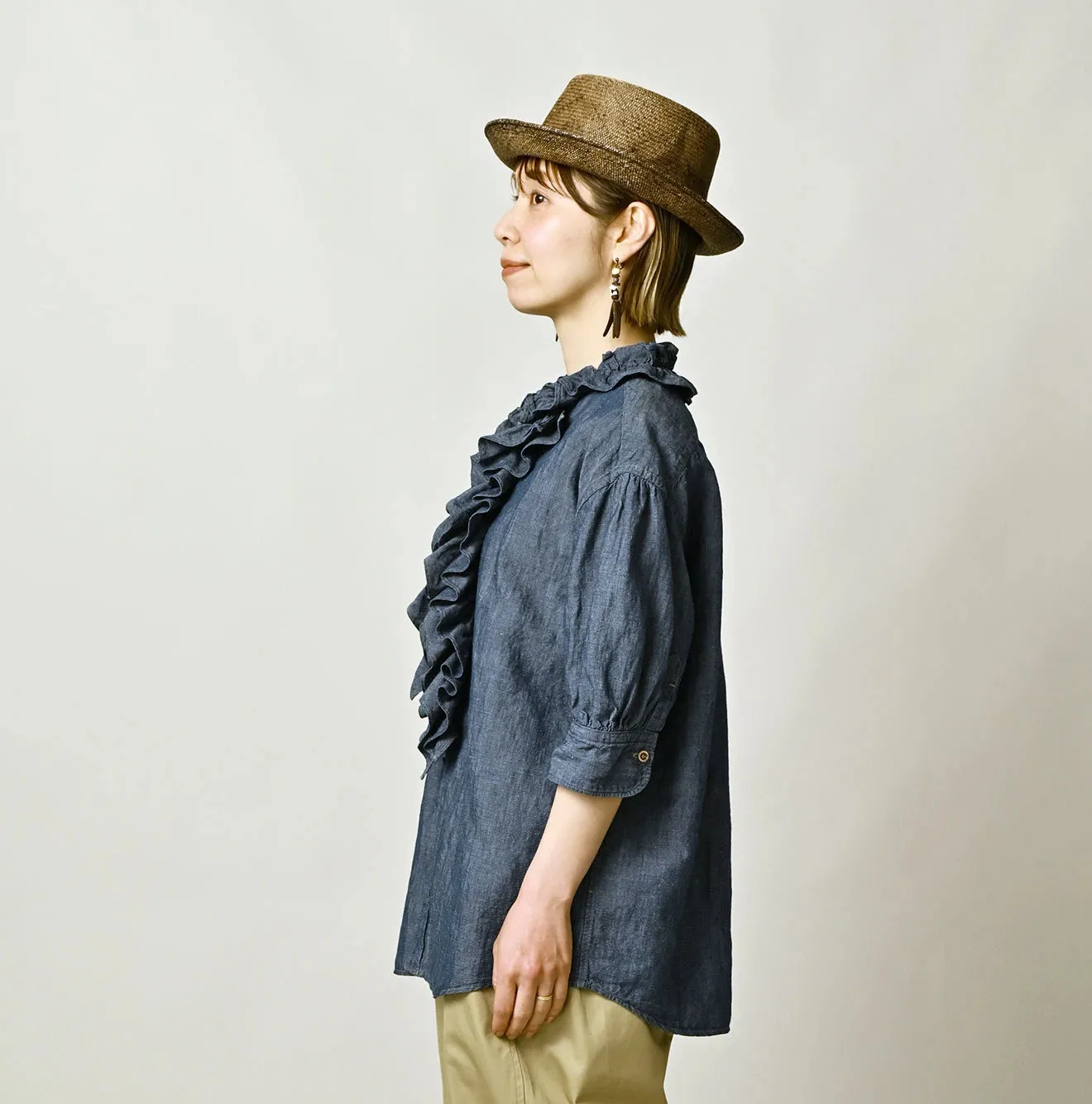 Cotton Linen Dungaree Frilled Coupe Shirt Distressed sold by 45r product image thumbnail 5