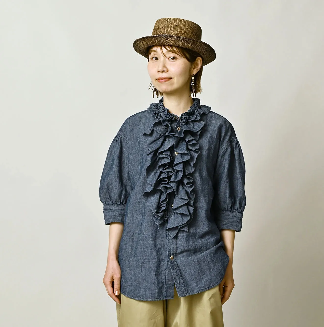 Cotton Linen Dungaree Frilled Coupe Shirt Distressed sold by 45r product image thumbnail 4