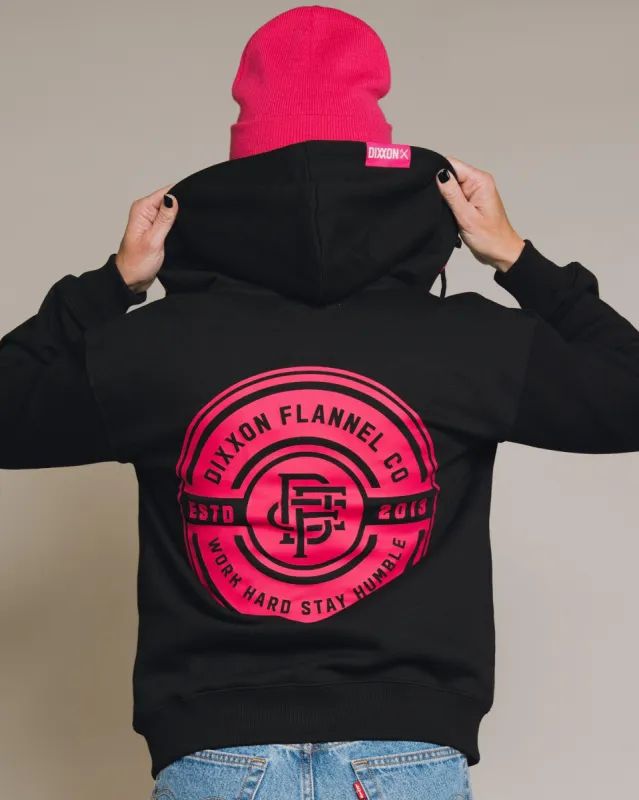Women's Pink Work Hard Badge Zip Up Hoodie - Black sold by Dixxon