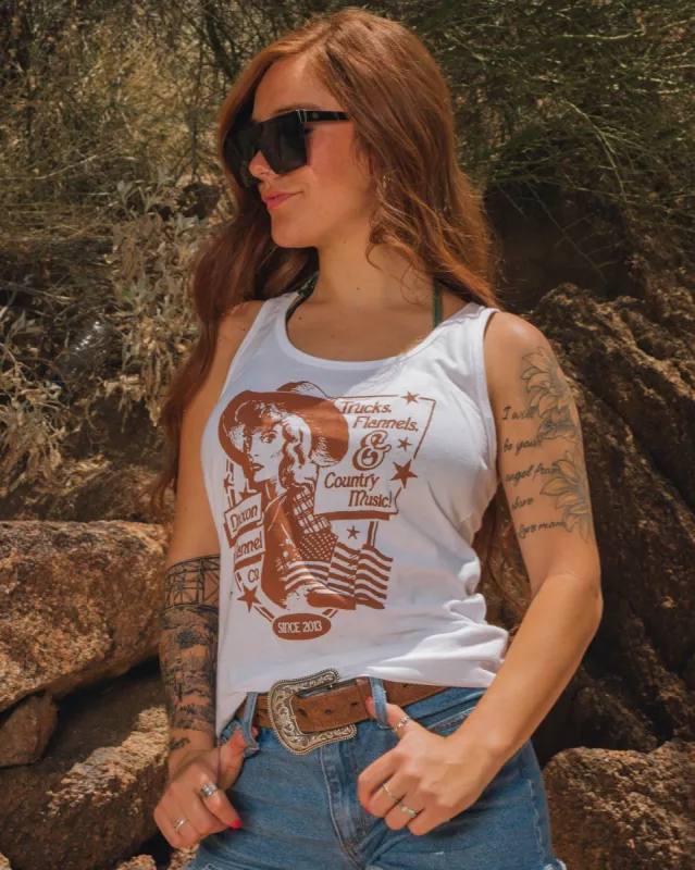Women's Trucks, Flannels, & Country Music Fitted Tank - White sold by Dixxon