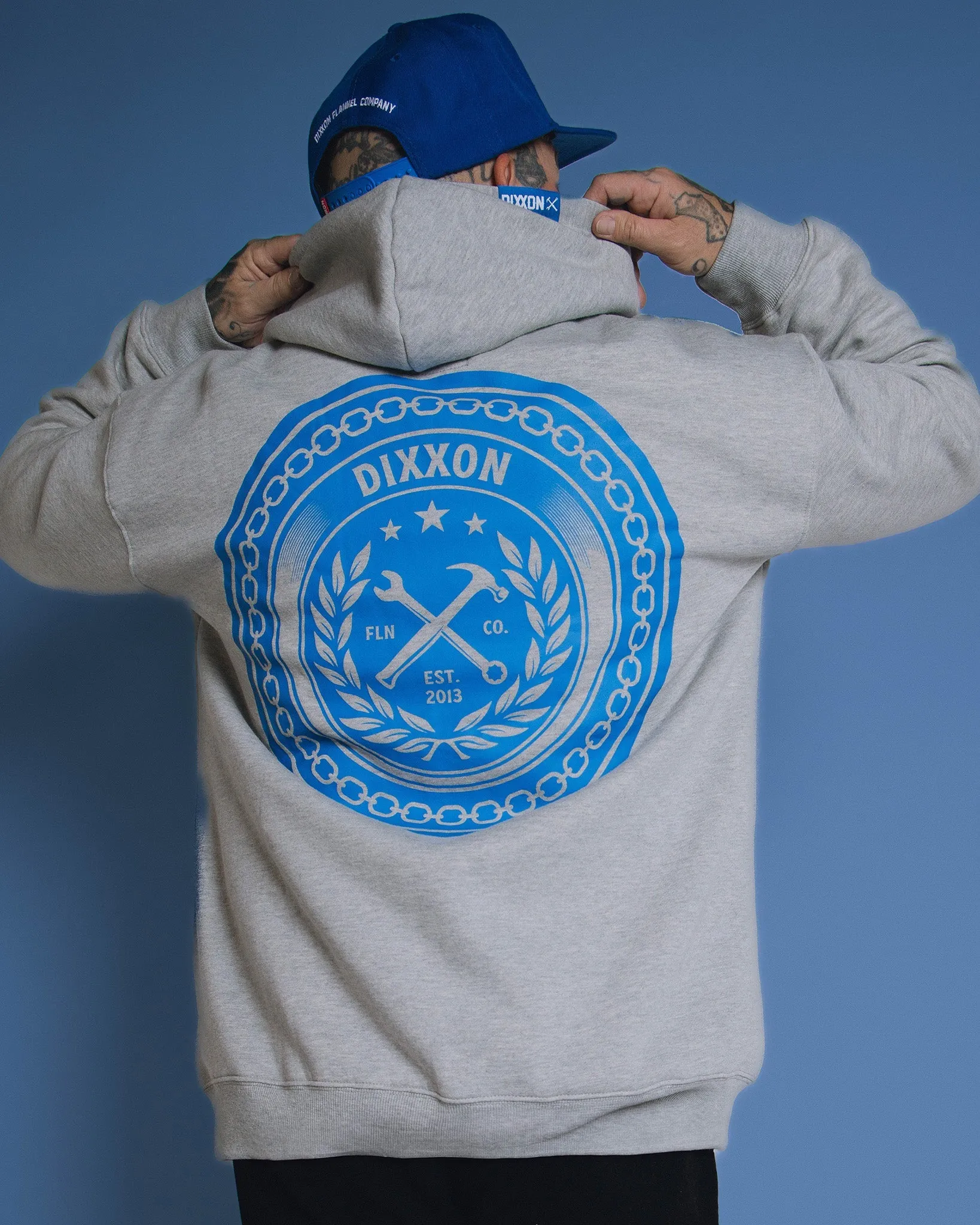 Blue Chain Badge Zip Up Hoodie - Heathered Gray sold by Dixxon