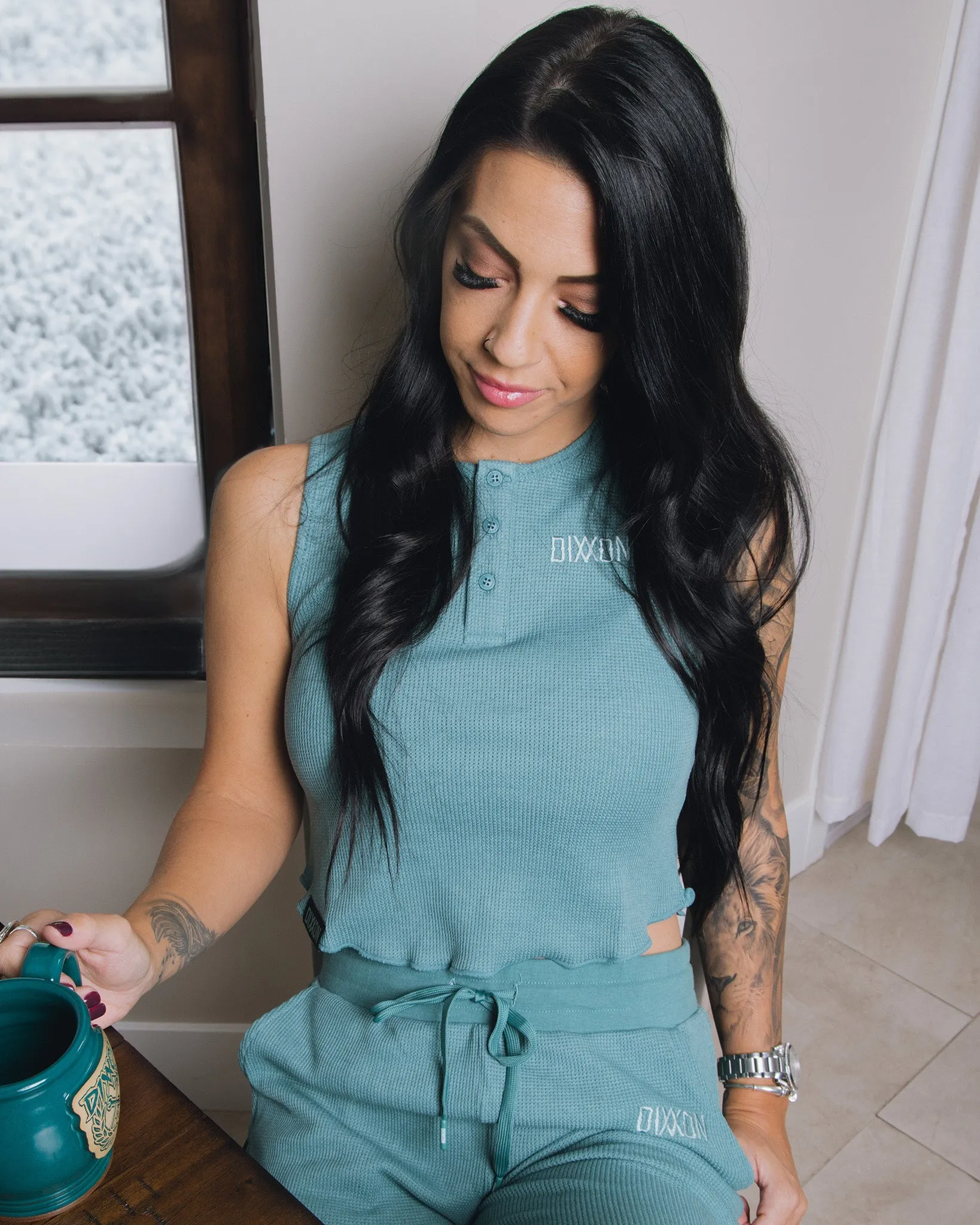 Women's Waffle Knit Crop Tank - Lagoon sold by Dixxon