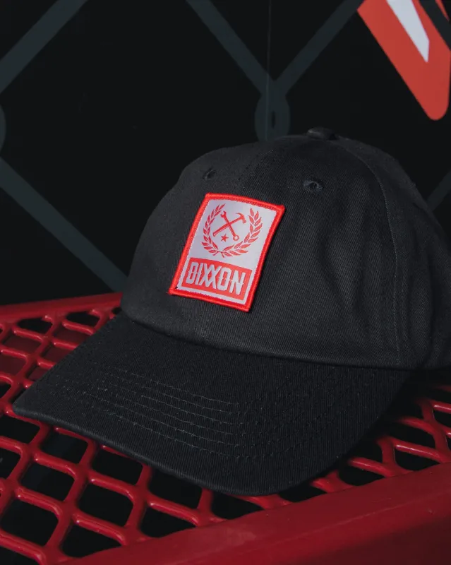 6-Panel Curved Bill Box Crest Hat - Red & Black sold by Dixxon