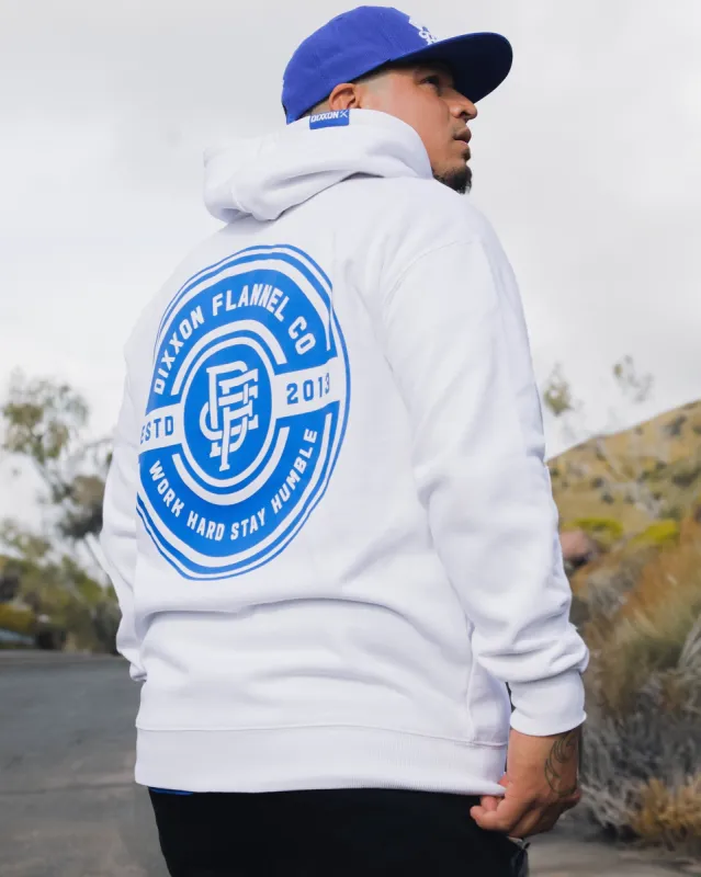 Blue Work Hard Badge Zip Up Hoodie - White sold by Dixxon