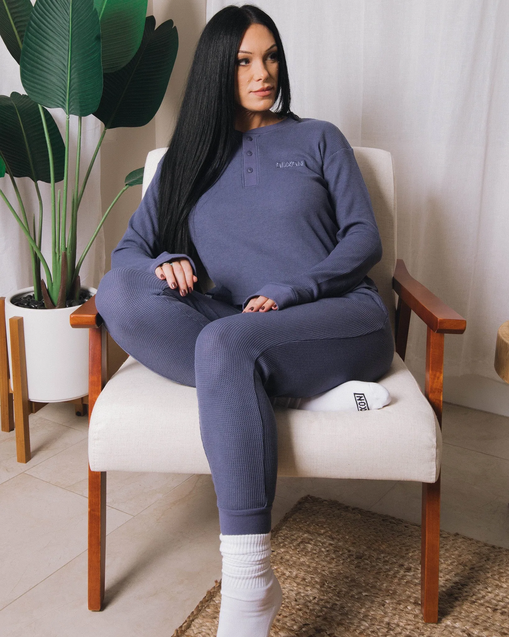 Women's Waffle Knit Long Sleeve Crop Tee - Steel Blue sold by Dixxon product image thumbnail 2