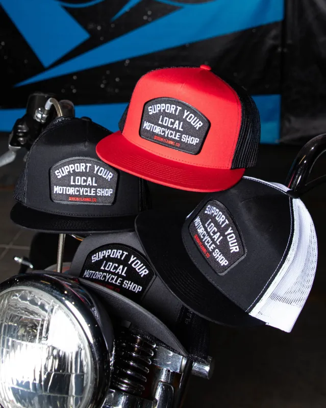 Support Your Local Motorcycle Shop Flat Bill Trucker Snapback sold by Dixxon