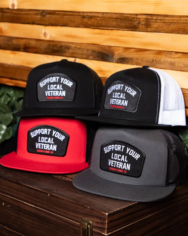 Support Your Local Veteran Flat Bill Trucker Snapback - Black, White, & Red sold by Dixxon