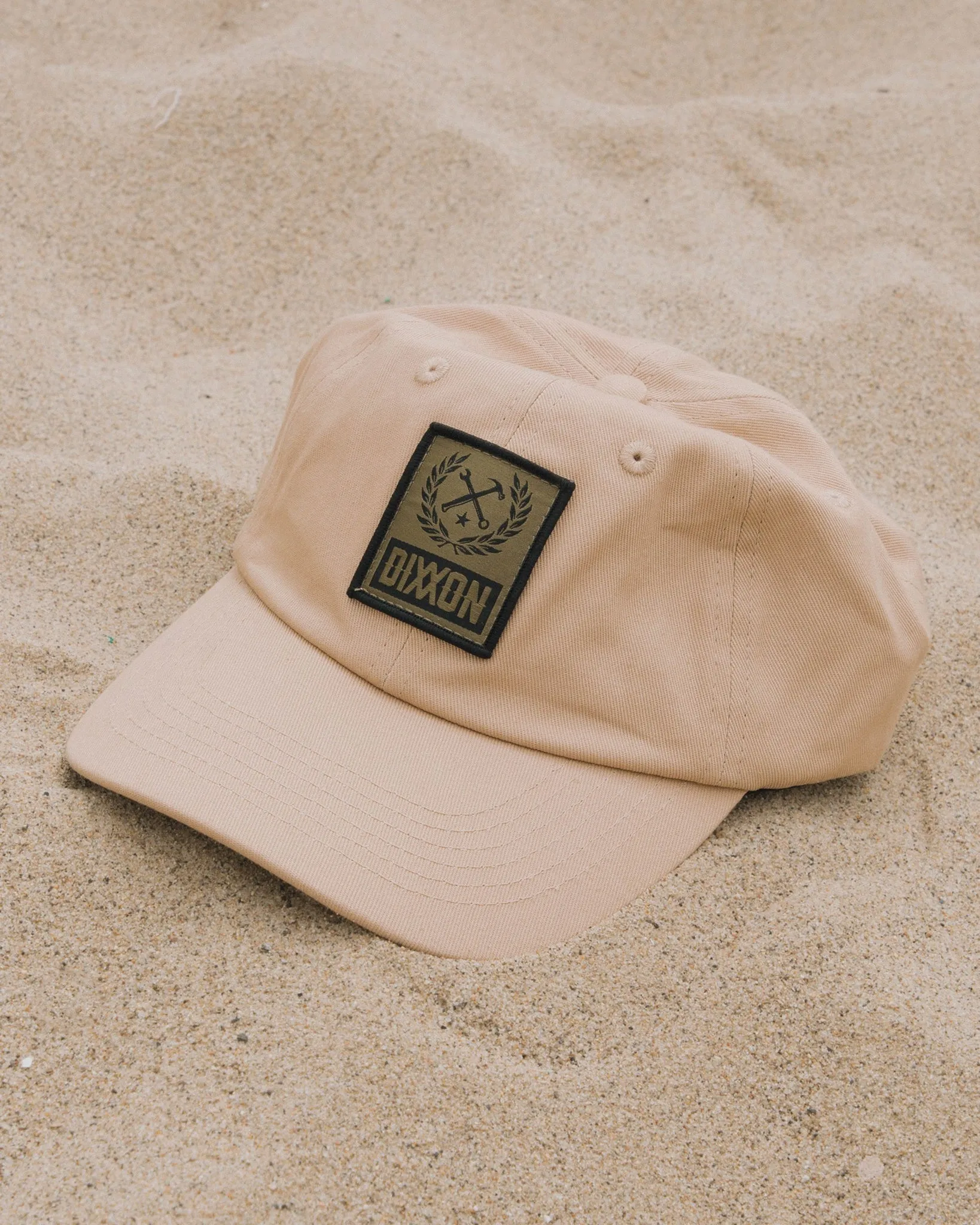 6-Panel Curved Bill Box Crest Hat - Black & Khaki sold by Dixxon