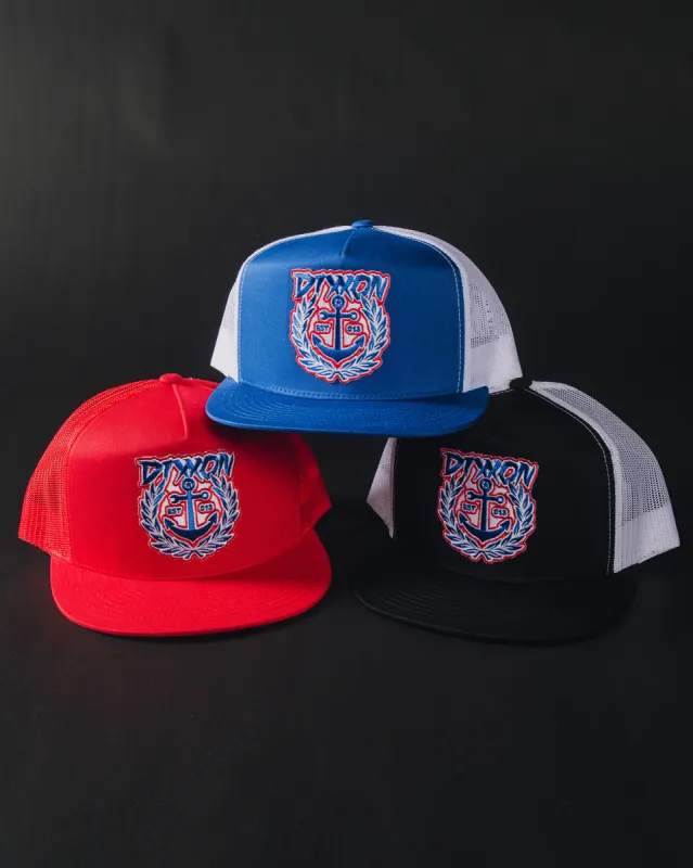 Salty Crest Flat Bill Trucker Snapback - Red, White, & Blue sold by Dixxon