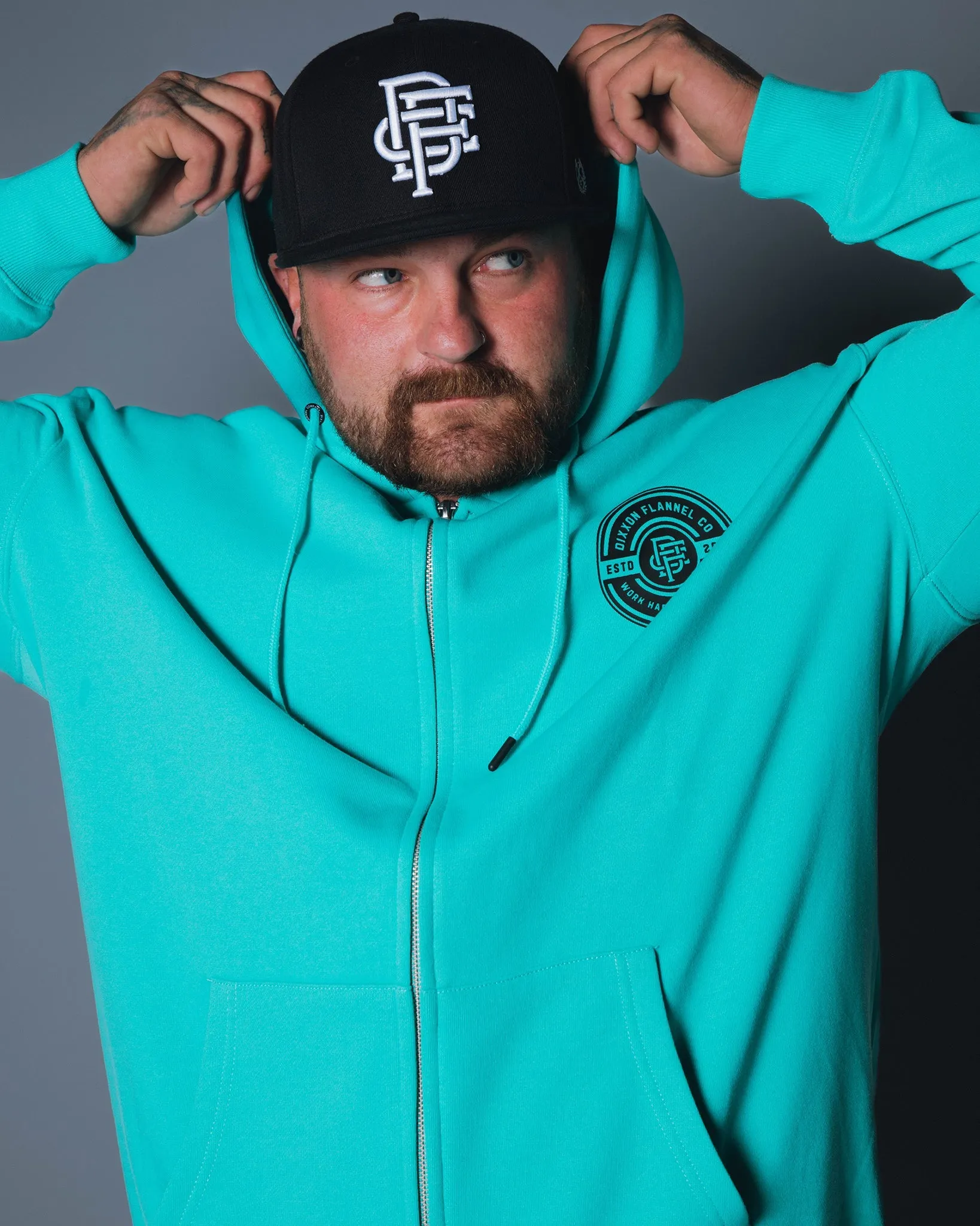 Black Work Hard Badge Zip Up Hoodie - Tiffany sold by Dixxon product image thumbnail 2