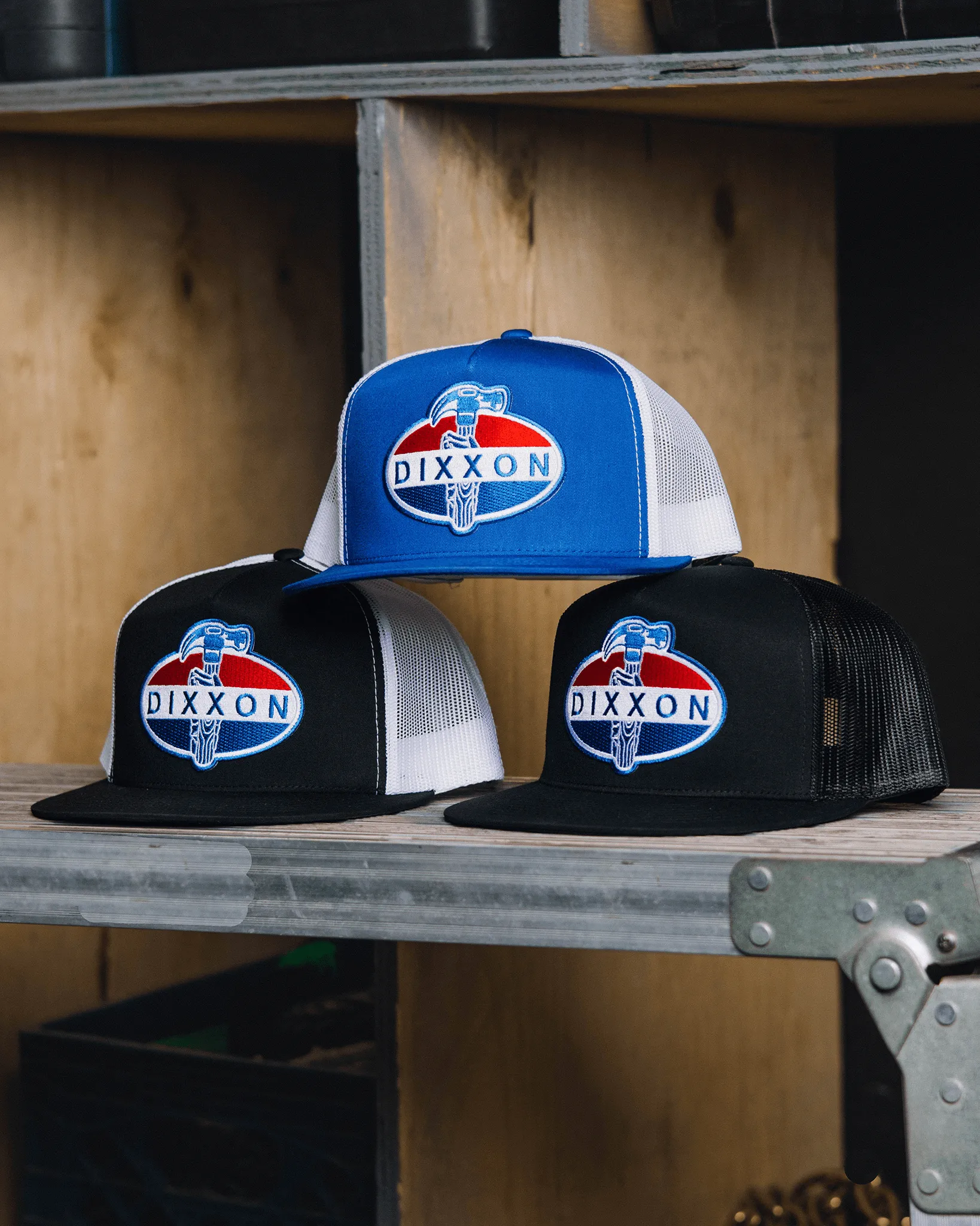 Standard Flat Bill Trucker Snapback - Red, White, & Blue sold by Dixxon