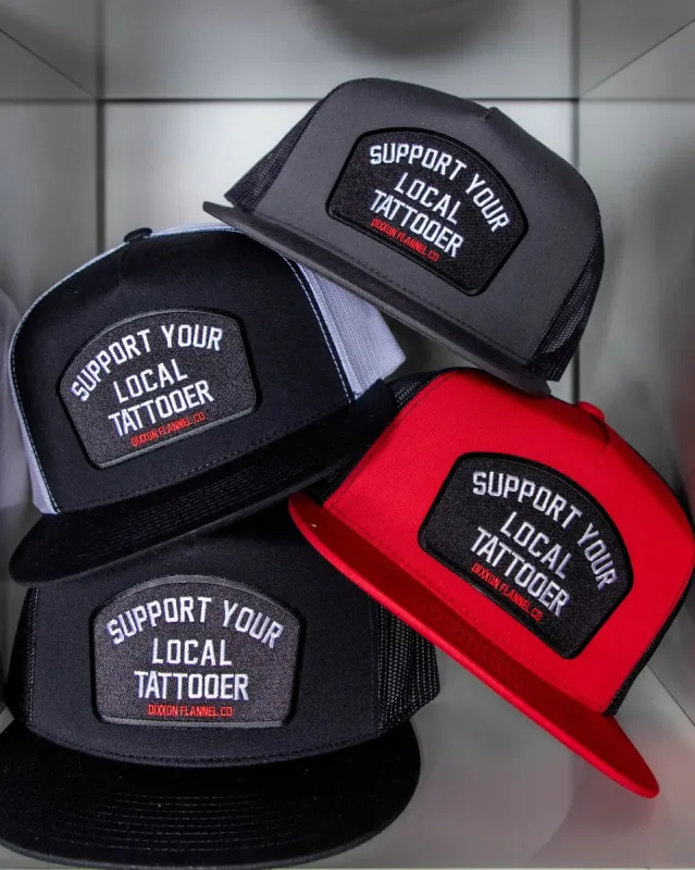 Support Your Local Tattooer Flat Bill Trucker Snapback sold by Dixxon
