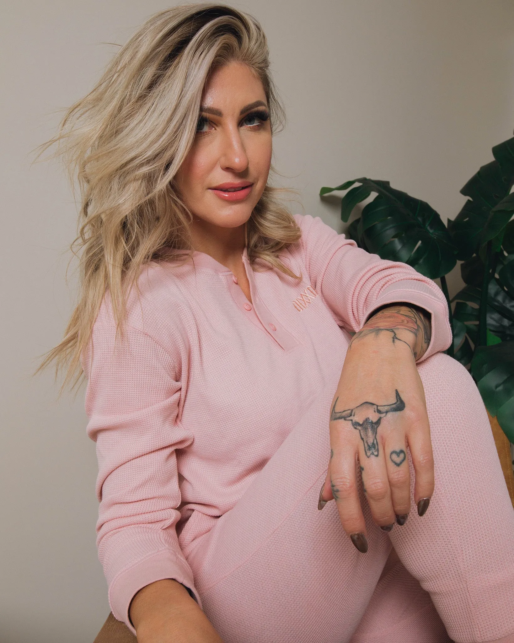 Women's Waffle Knit Long Sleeve Crop Tee - Blush sold by Dixxon