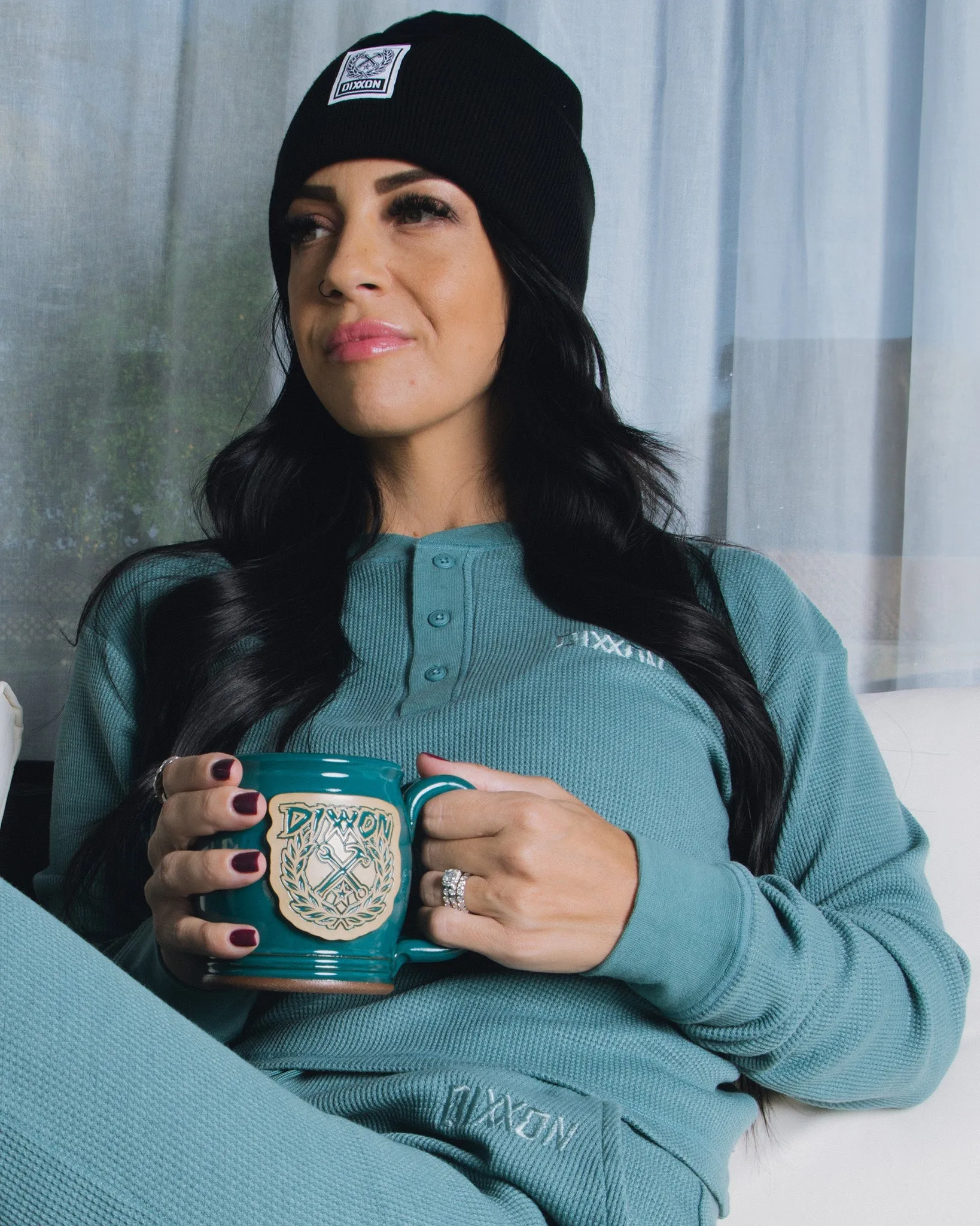 Women's Waffle Knit Long Sleeve Crop Tee - Lagoon sold by Dixxon