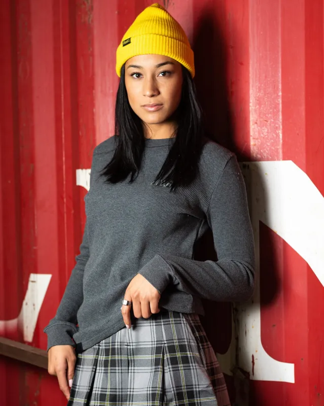 Women's Waffle Knit Long Sleeve Tee - Dark Gray sold by Dixxon
