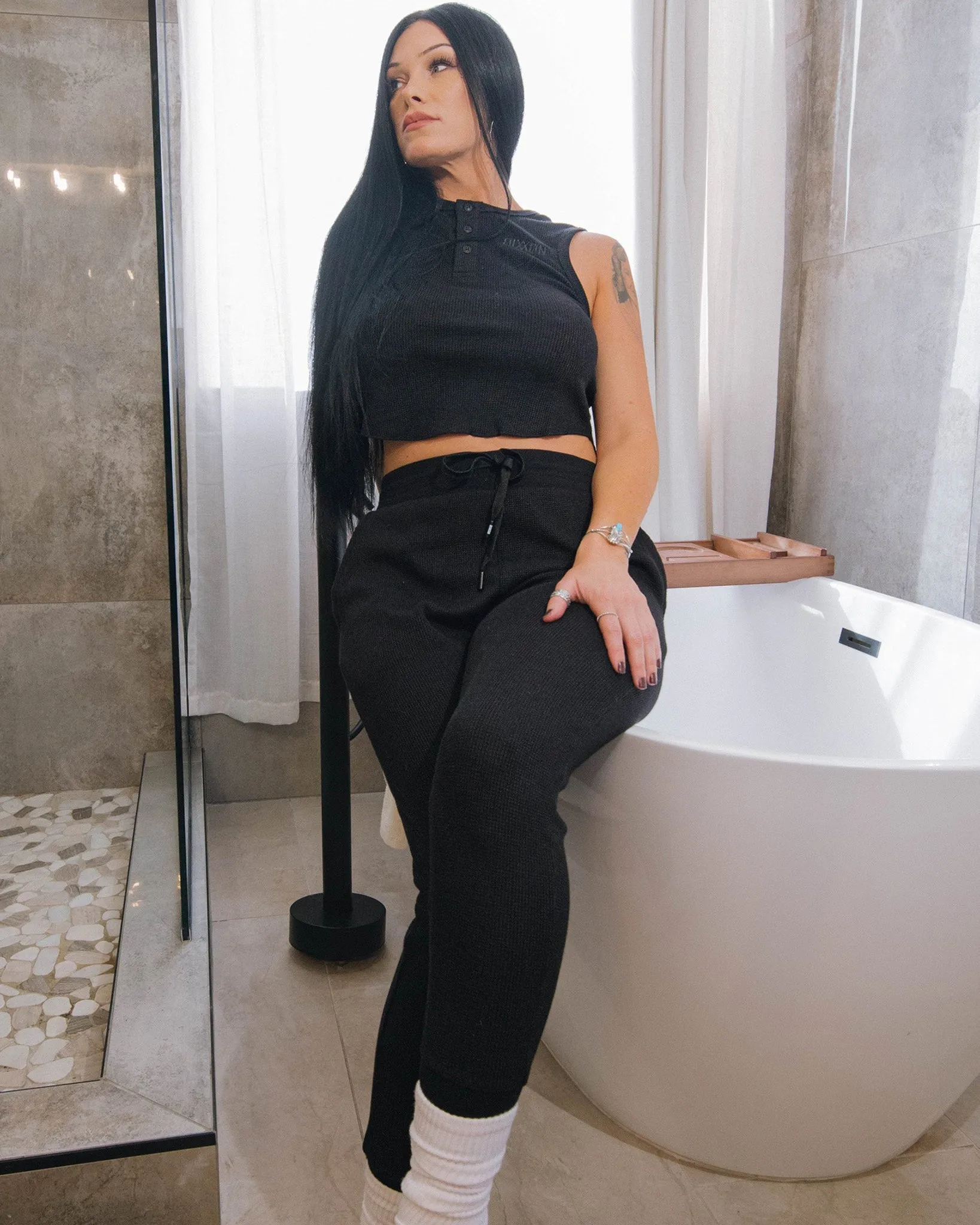 Women's Waffle Knit Joggers - Black sold by Dixxon