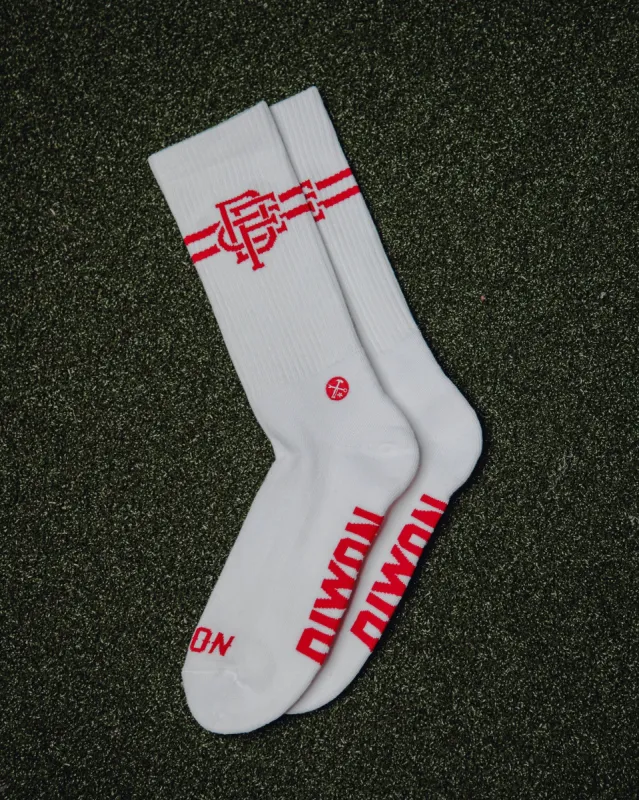 Badge Premium Crew Socks - White & Red sold by Dixxon