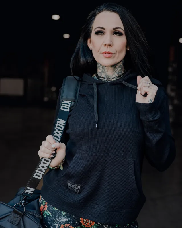 Women's Waffle Knit Pullover Hoodie - Black sold by Dixxon