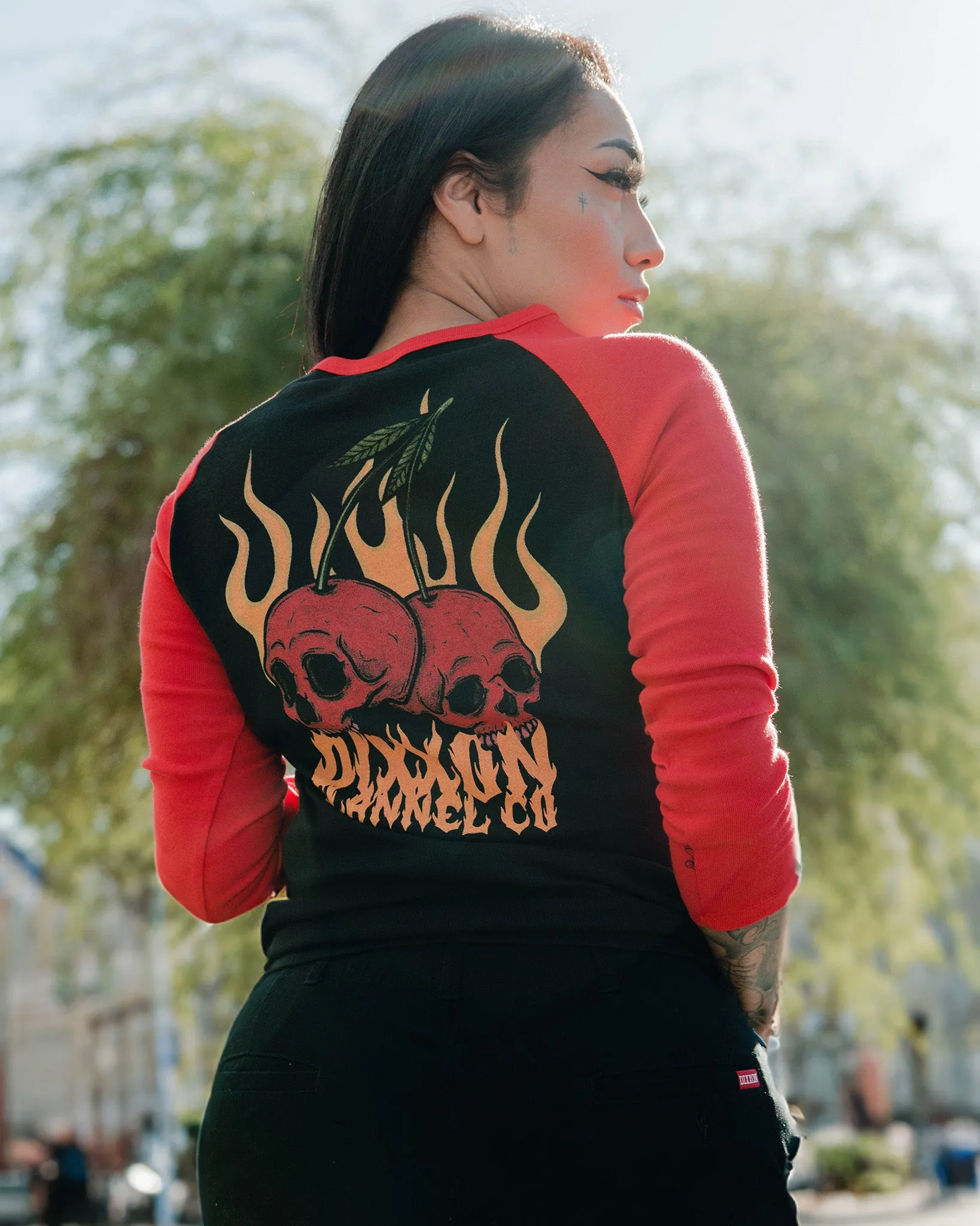 Women's Cherry Bomb Raglan 3/4 Tee - Black & Red sold by Dixxon