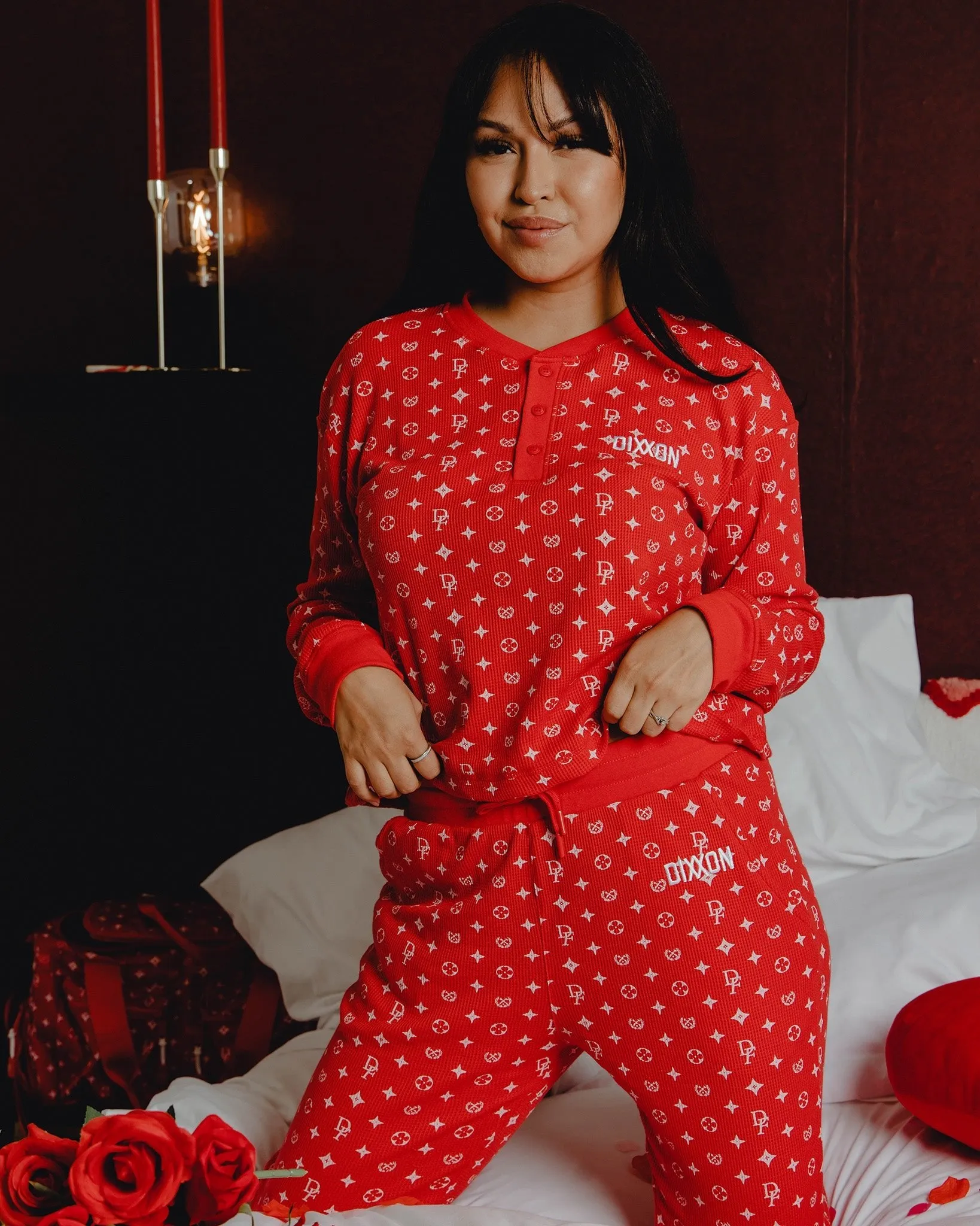 Women's Waffle Knit Long Sleeve Crop Tee - Red & White Bougie sold by Dixxon