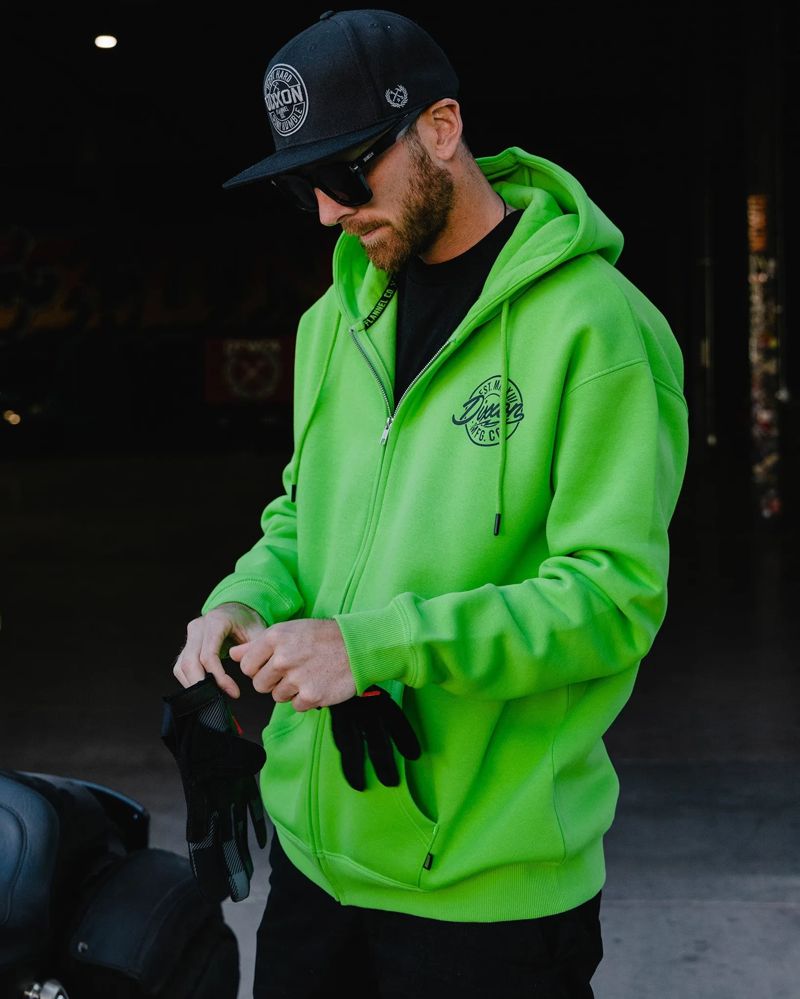 Black MFG Badge Zip Up Hoodie - Safety Green sold by Dixxon