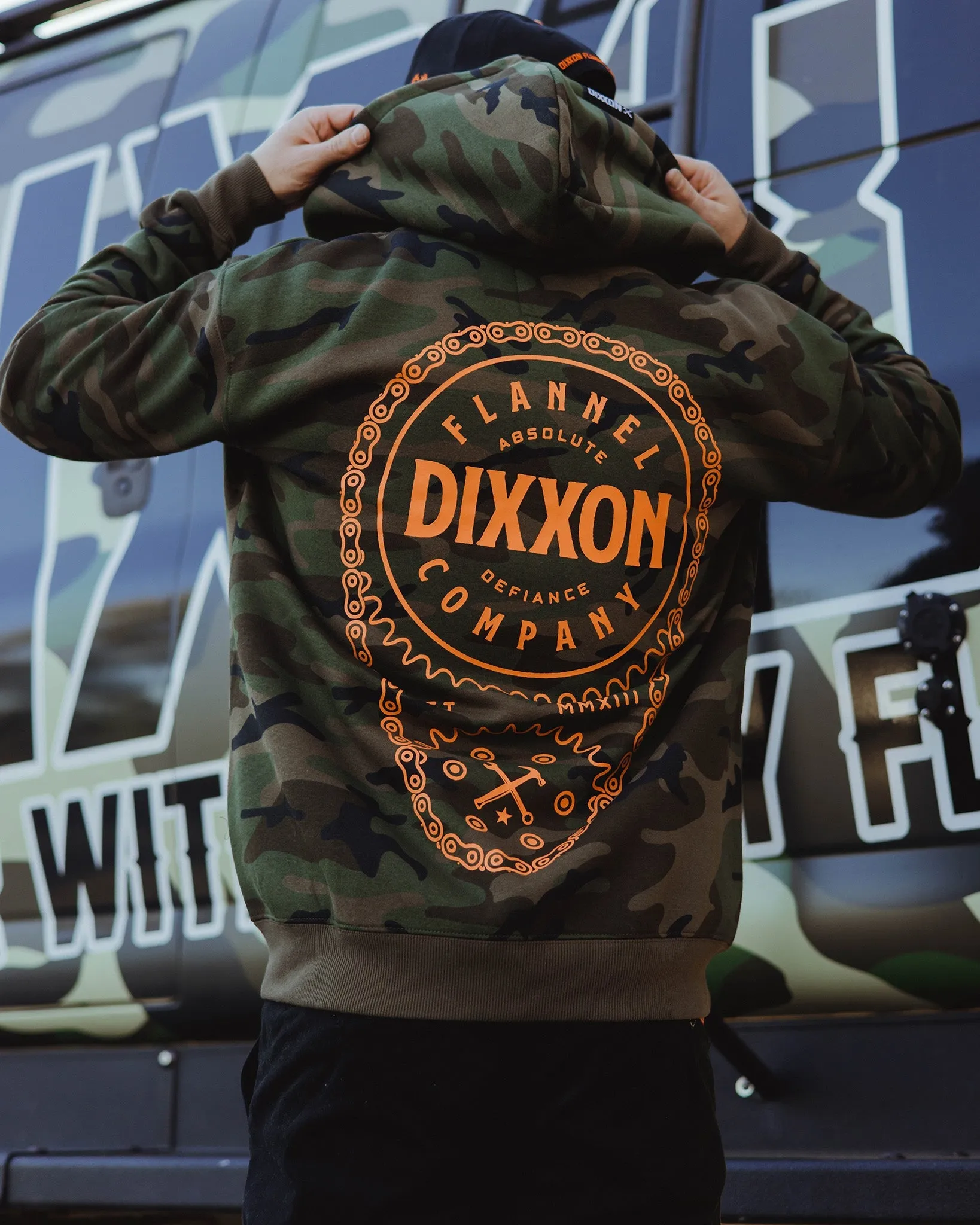 Orange Chain Driven Zip Up Hoodie - Camo sold by Dixxon