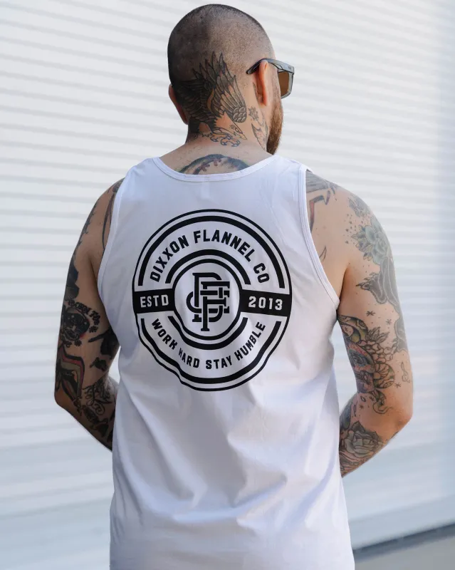 Black Work Hard Badge Tank - White sold by Dixxon