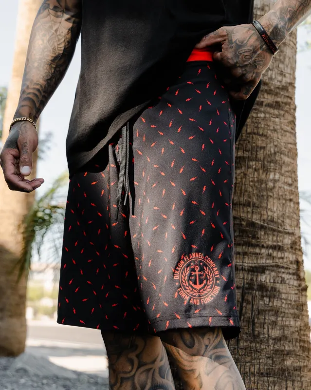 Black & Red Bolt Boardshorts made by Dixxon