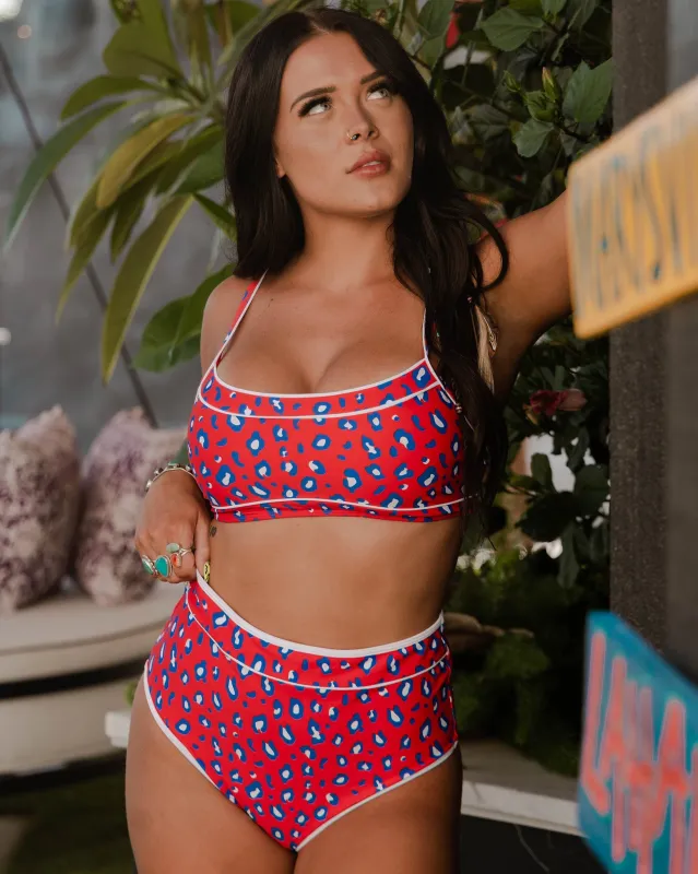 Women's Coastline High Waisted Bikini Bottom - Red, White, & Blue Leopard sold by Dixxon